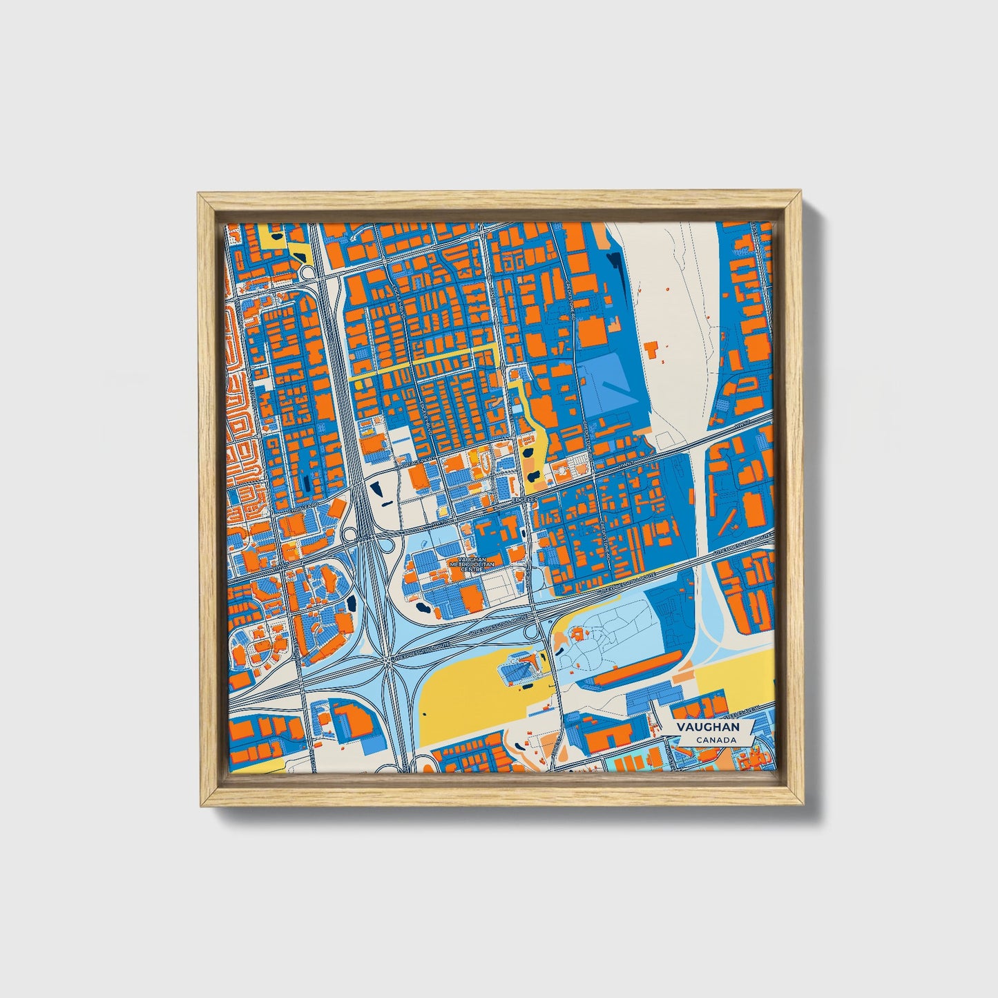 Vaughan Canada Colorful City Map Canvas Print • Natural Wooden Framed