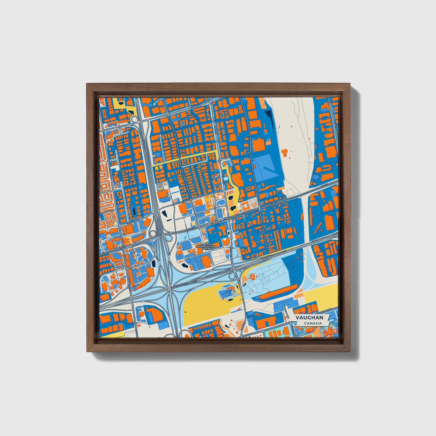 Vaughan Canada Colorful City Map Canvas Print • Dark Wooden Framed