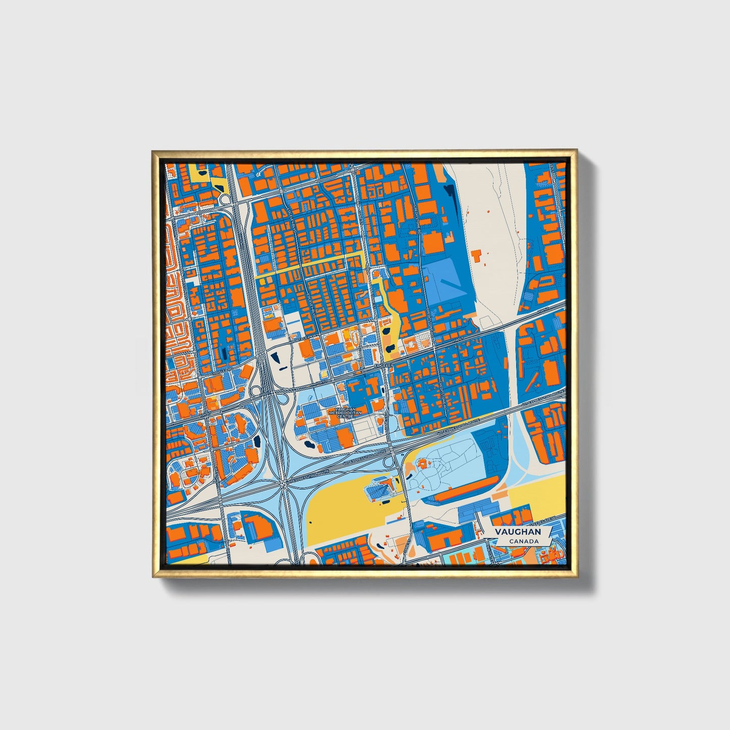 Vaughan Canada Colorful City Map Canvas Print • Gold Framed
