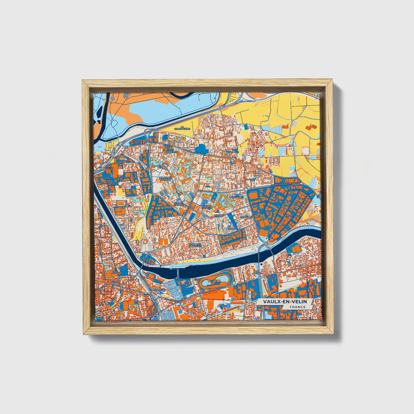 Vaulx-En-Velin France Colorful City Map Canvas Print • Natural Wooden Framed