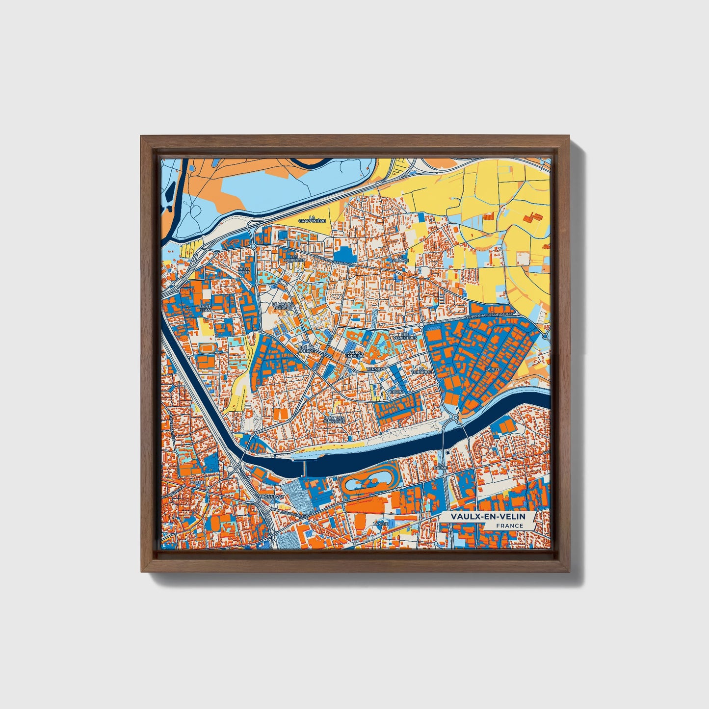 Vaulx-En-Velin France Colorful City Map Canvas Print • Dark Wooden Framed
