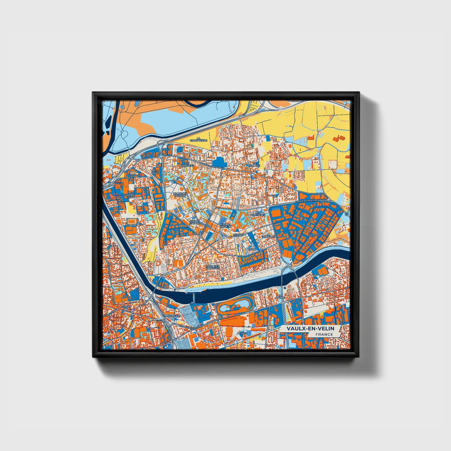 Vaulx-En-Velin France Colorful City Map Canvas Print • Black Framed