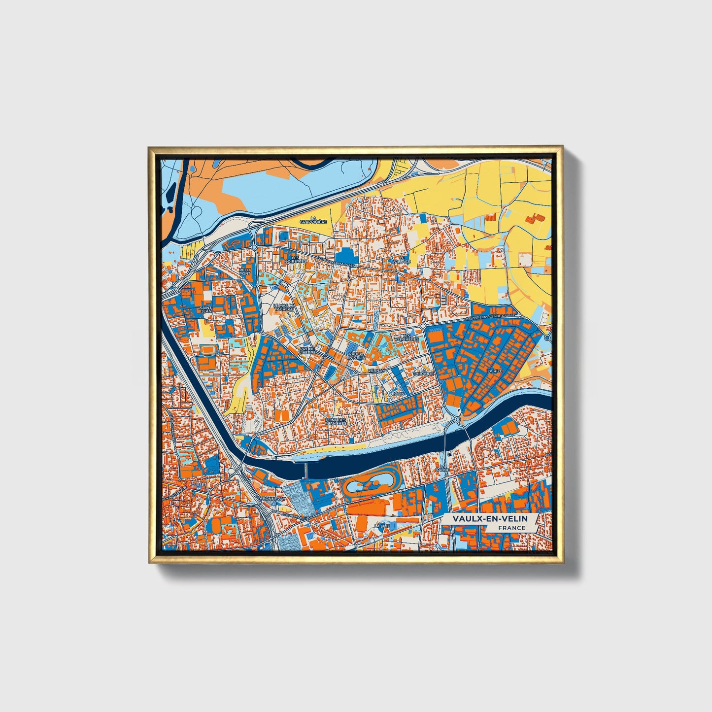 Vaulx-En-Velin France Colorful City Map Canvas Print • Gold Framed
