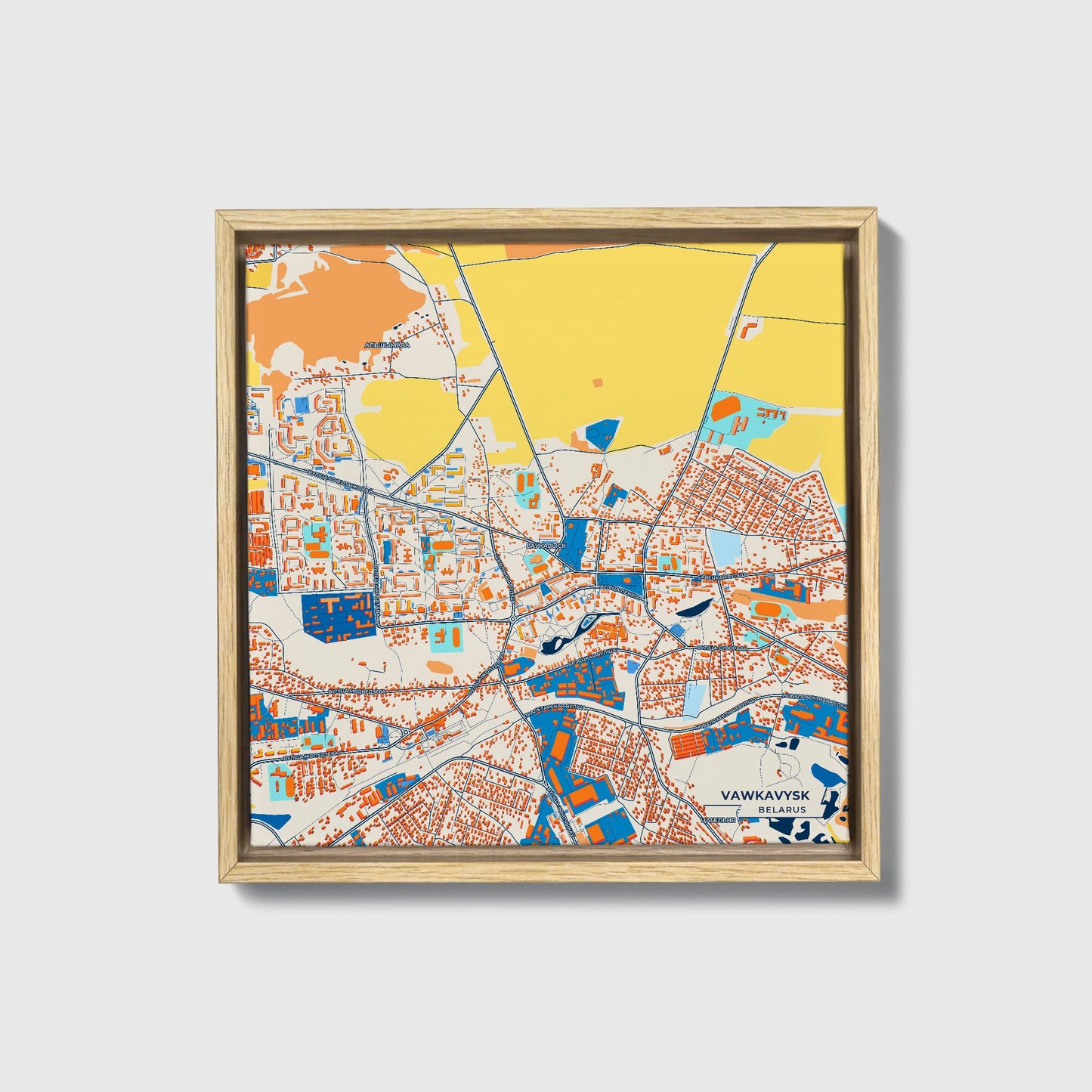Ваўкавыск Belarus Colorful City Map Canvas Print • Natural Wooden Framed