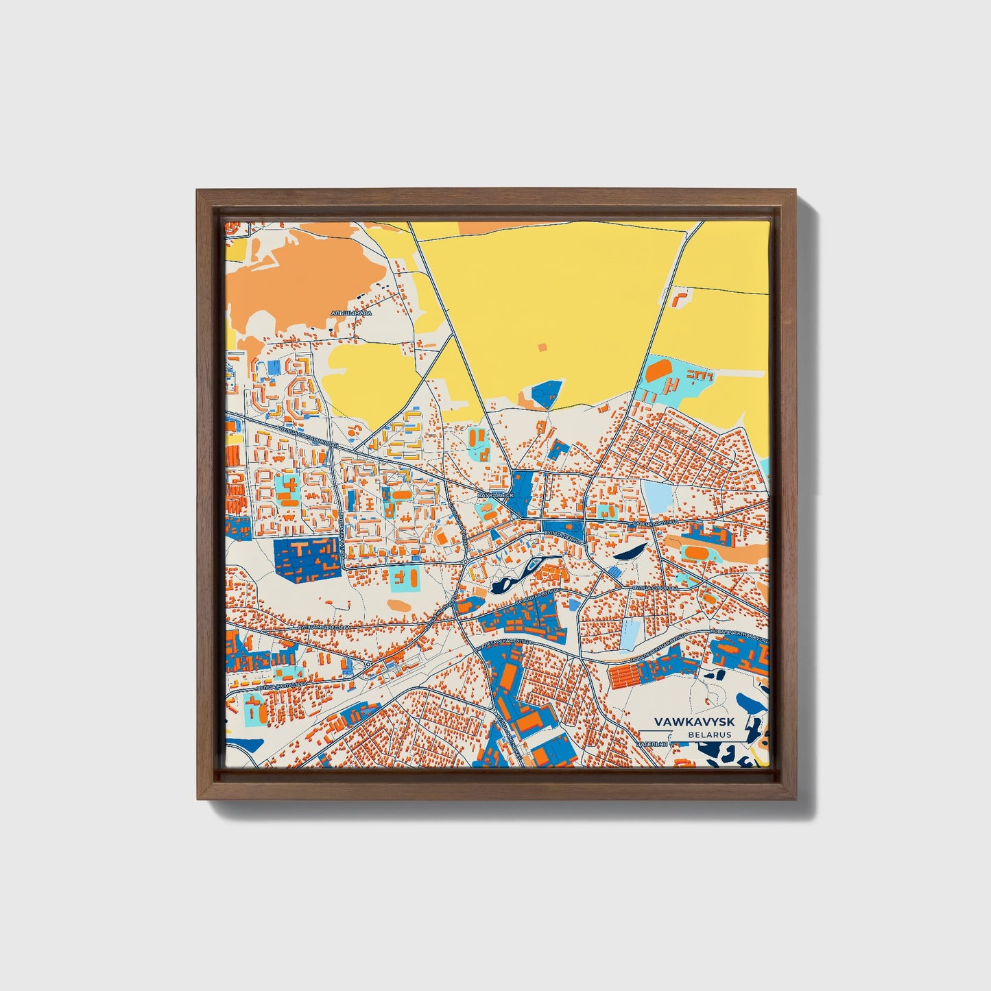 Ваўкавыск Belarus Colorful City Map Canvas Print • Dark Wooden Framed