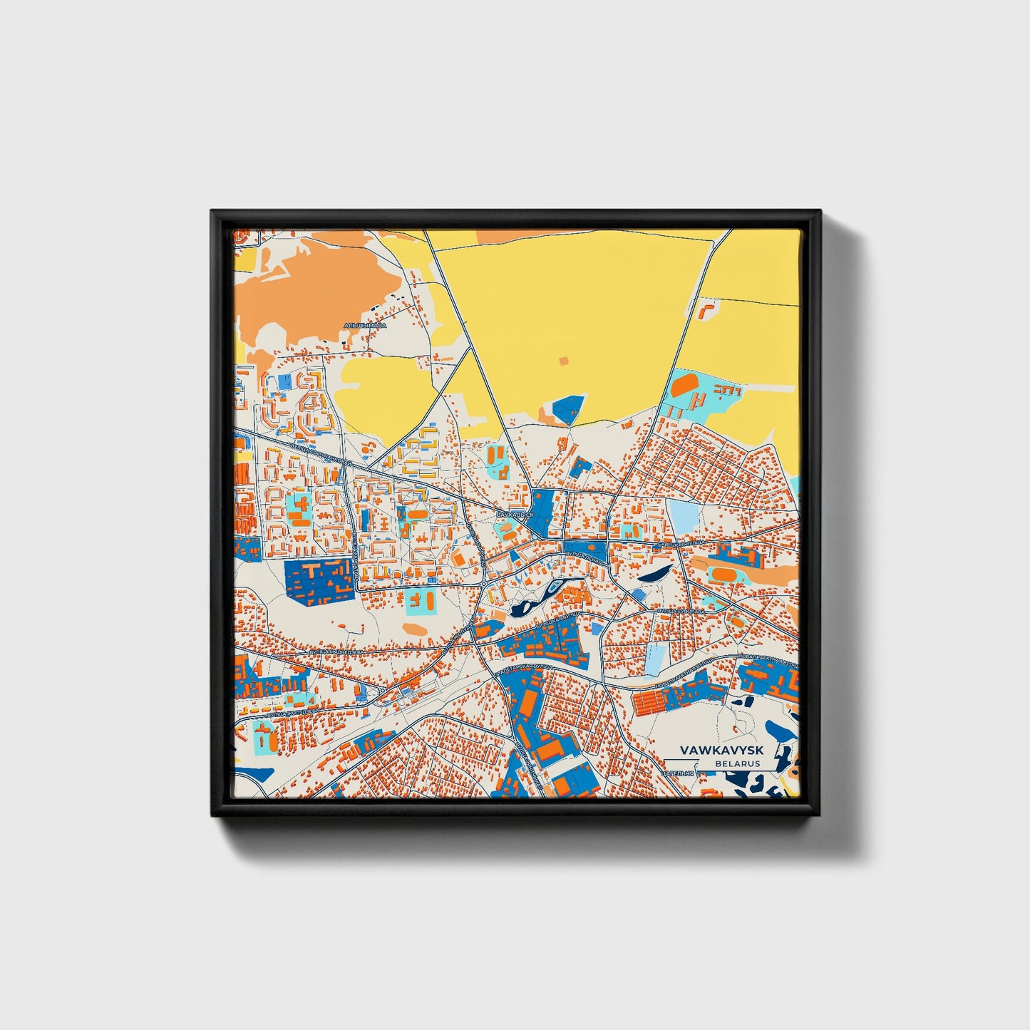 Ваўкавыск Belarus Colorful City Map Canvas Print • Black Framed