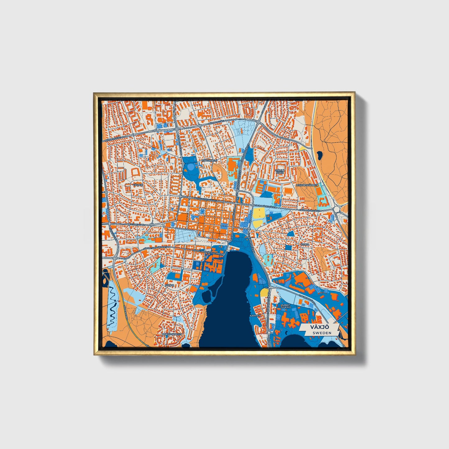 Växjö Sweden Colorful City Map Canvas Print • Gold Framed