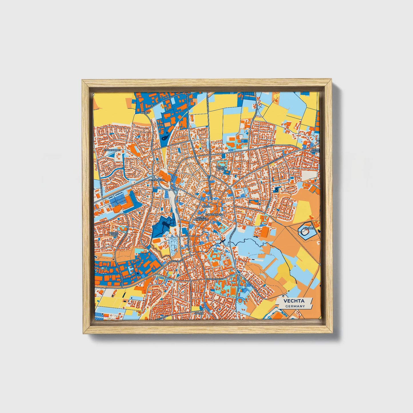 Vechta Germany Colorful City Map Canvas Print • Natural Wooden Framed