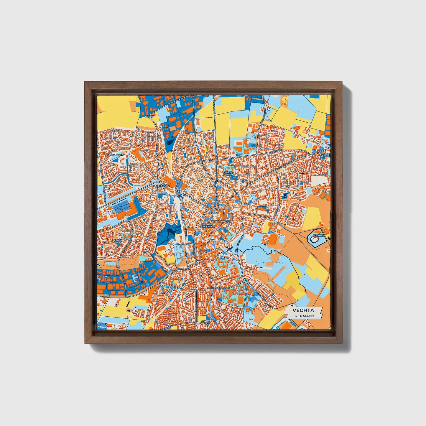 Vechta Germany Colorful City Map Canvas Print • Dark Wooden Framed