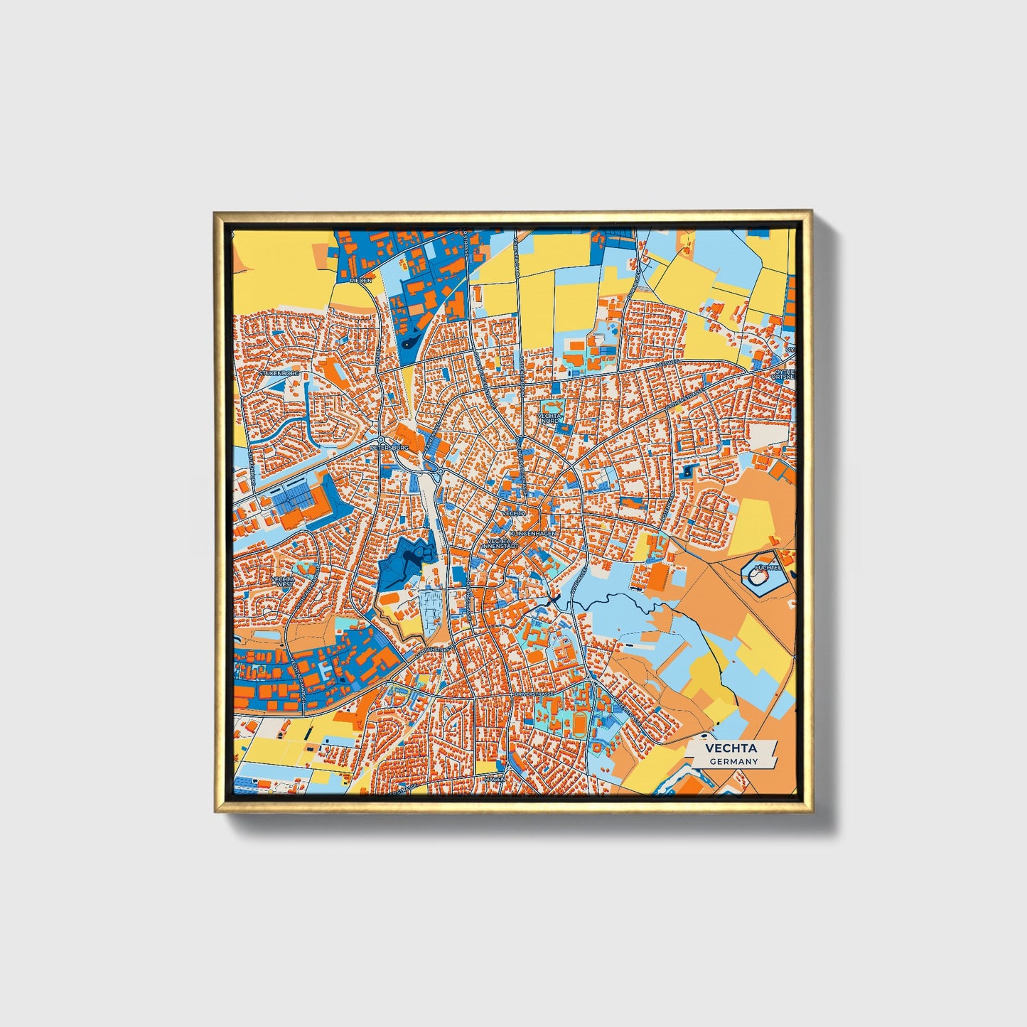 Vechta Germany Colorful City Map Canvas Print • Gold Framed