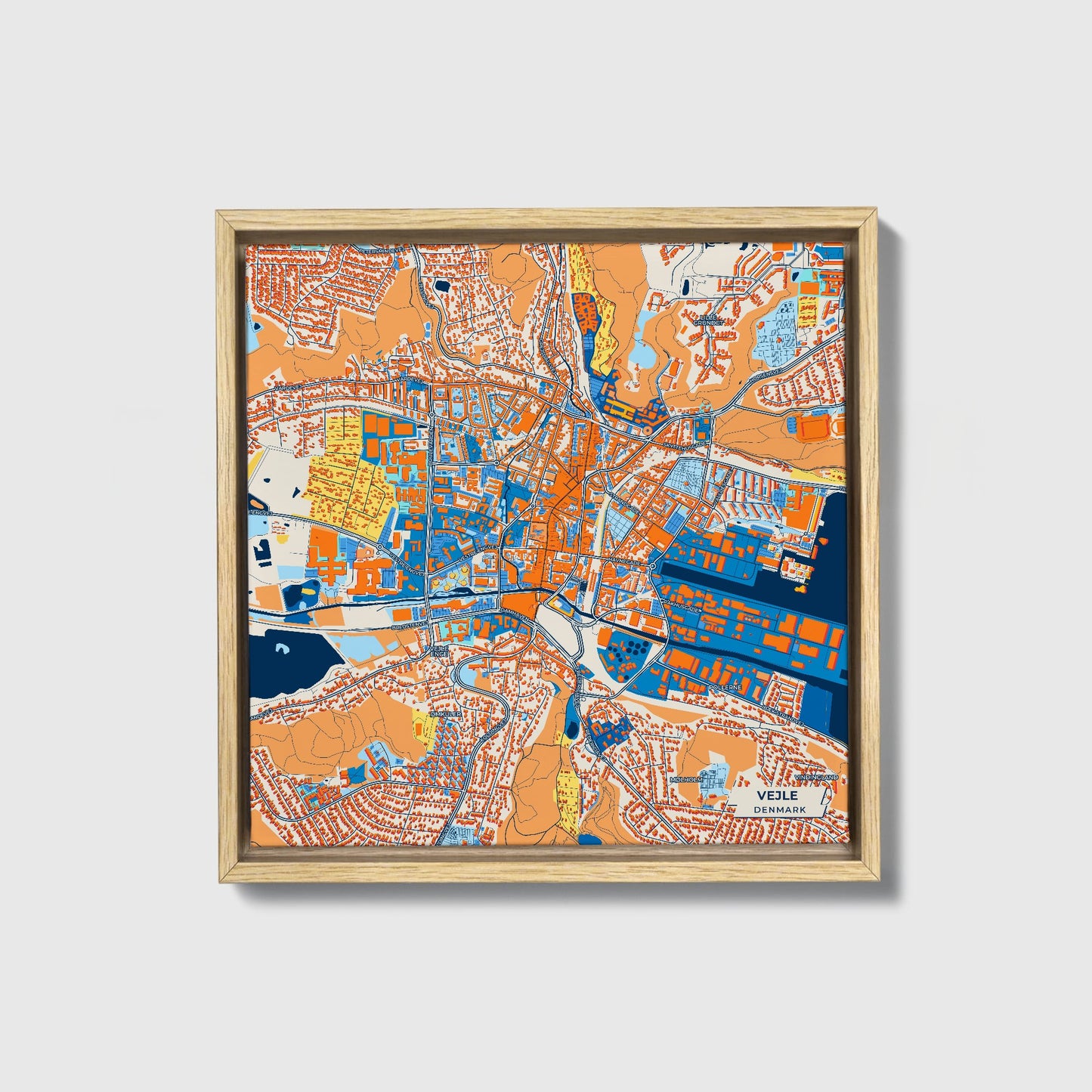Vejle Denmark Colorful City Map Canvas Print • Natural Wooden Framed