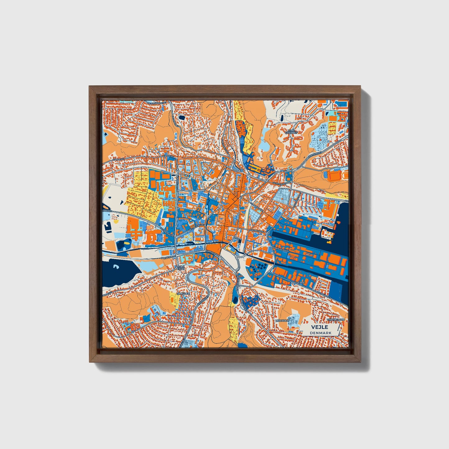 Vejle Denmark Colorful City Map Canvas Print • Dark Wooden Framed