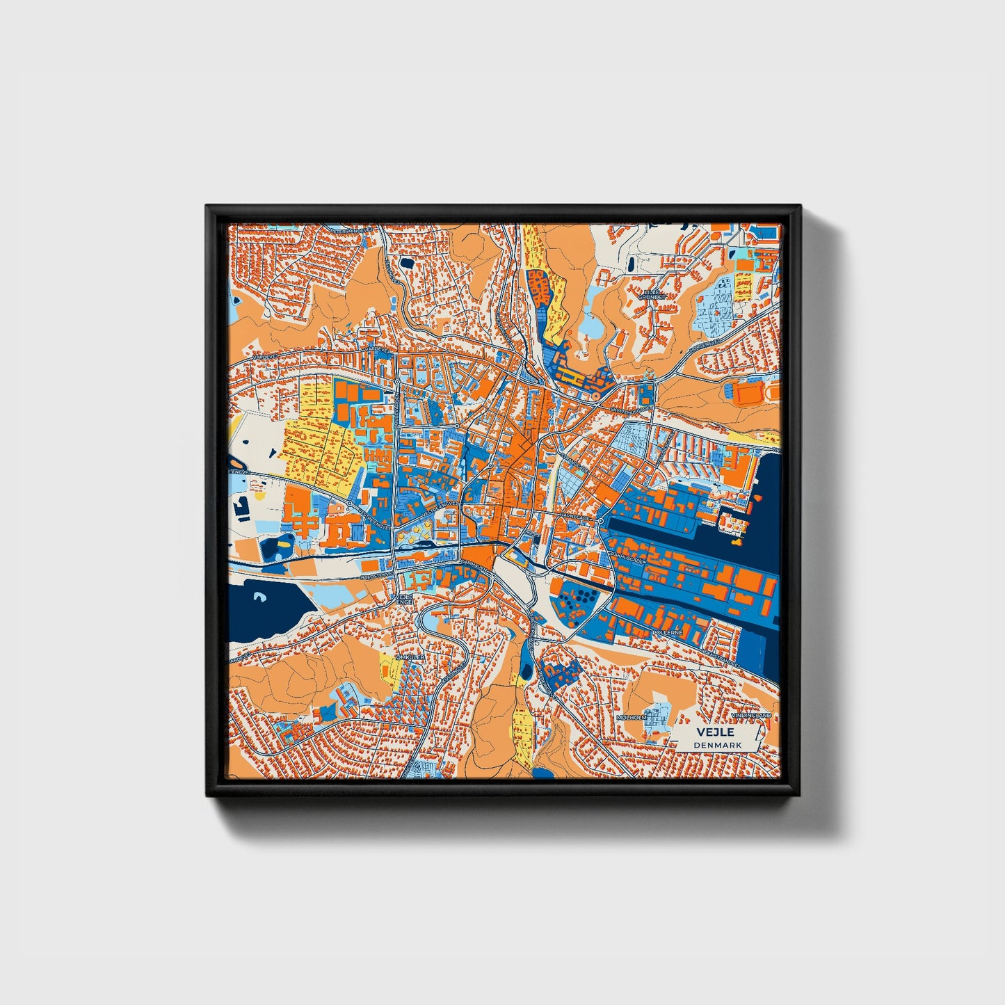 Vejle Denmark Colorful City Map Canvas Print • Black Framed