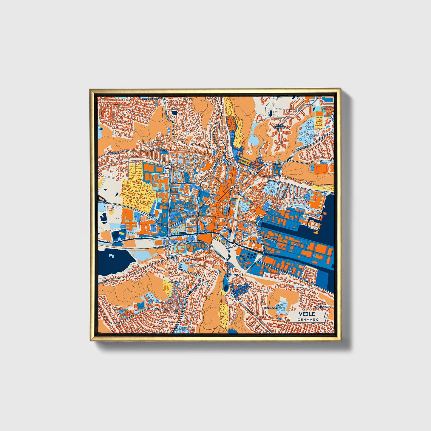 Vejle Denmark Colorful City Map Canvas Print • Gold Framed