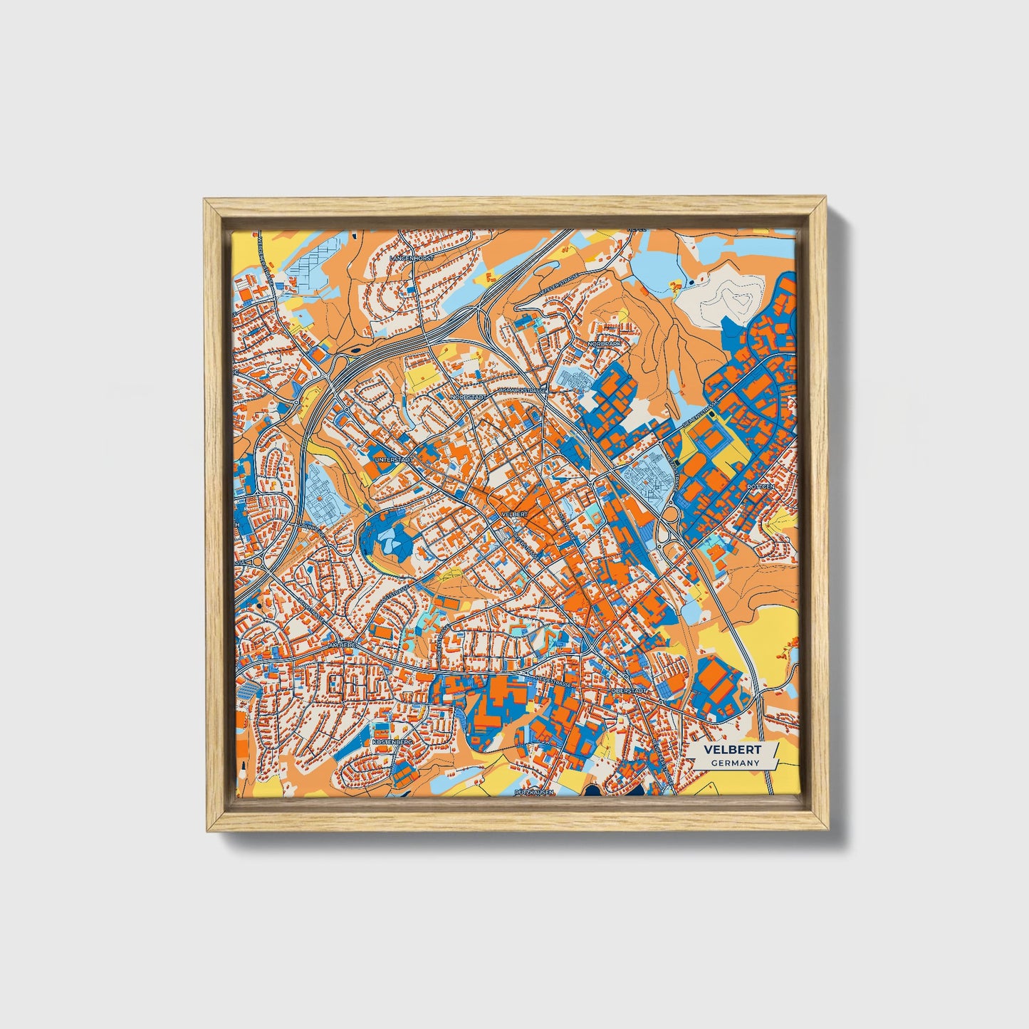 Velbert Germany Colorful City Map Canvas Print • Natural Wooden Framed