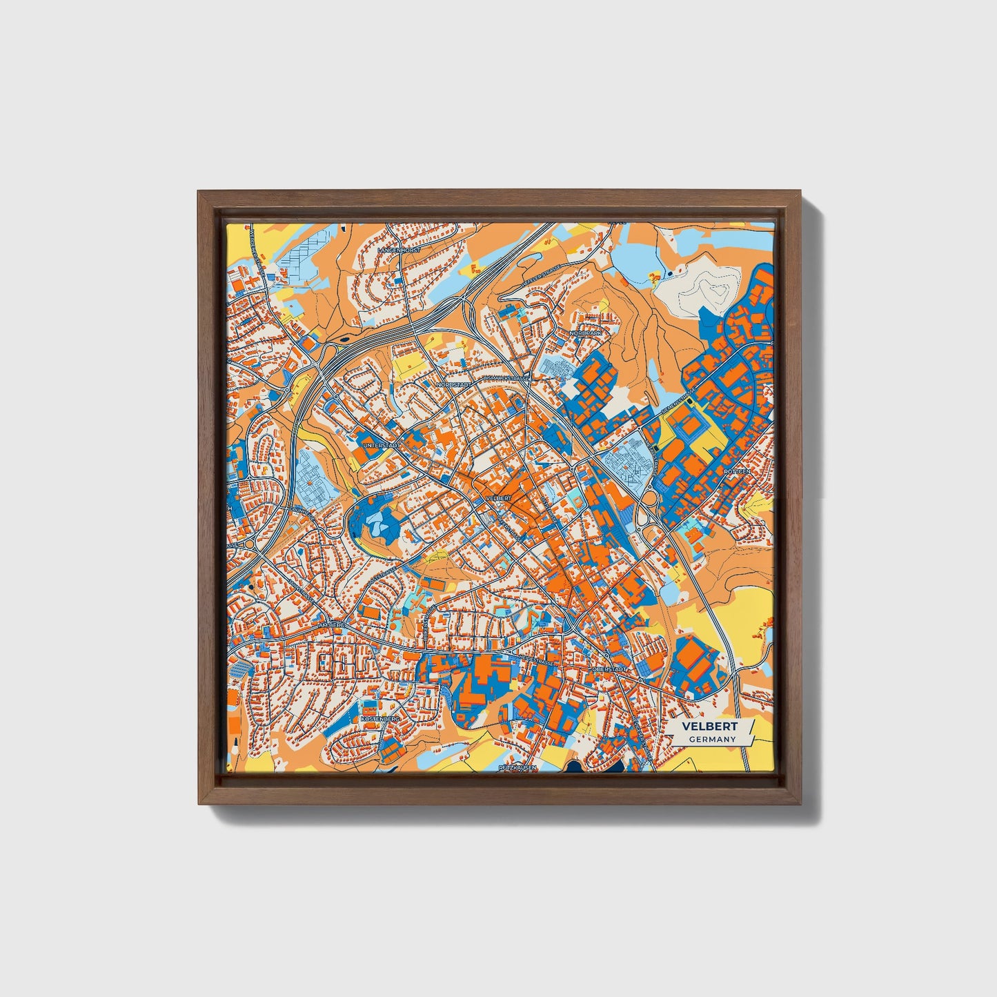Velbert Germany Colorful City Map Canvas Print • Dark Wooden Framed