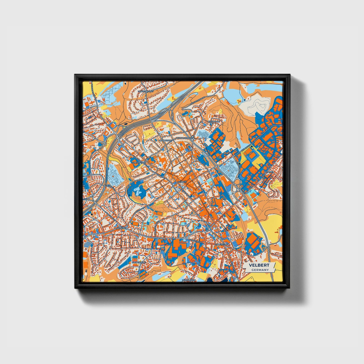 Velbert Germany Colorful City Map Canvas Print • Black Framed