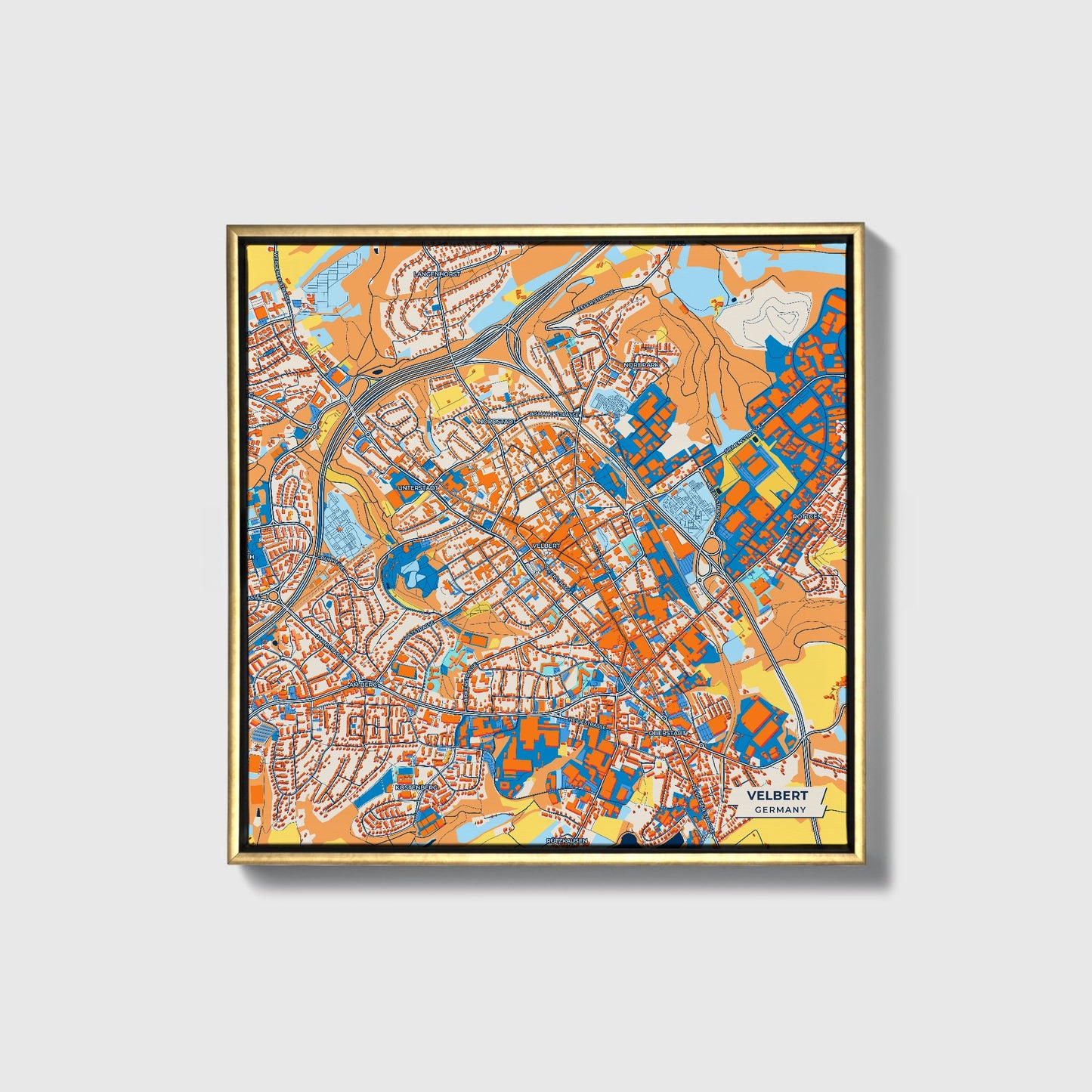 Velbert Germany Colorful City Map Canvas Print • Gold Framed