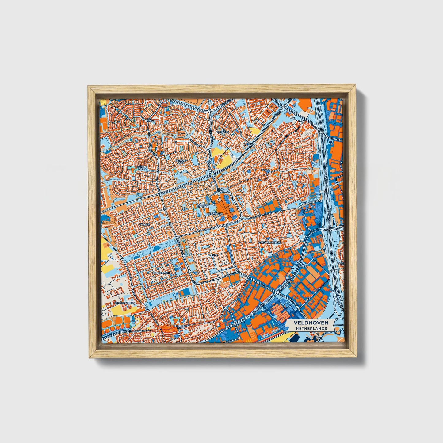Veldhoven Netherlands Colorful City Map Canvas Print • Natural Wooden Framed