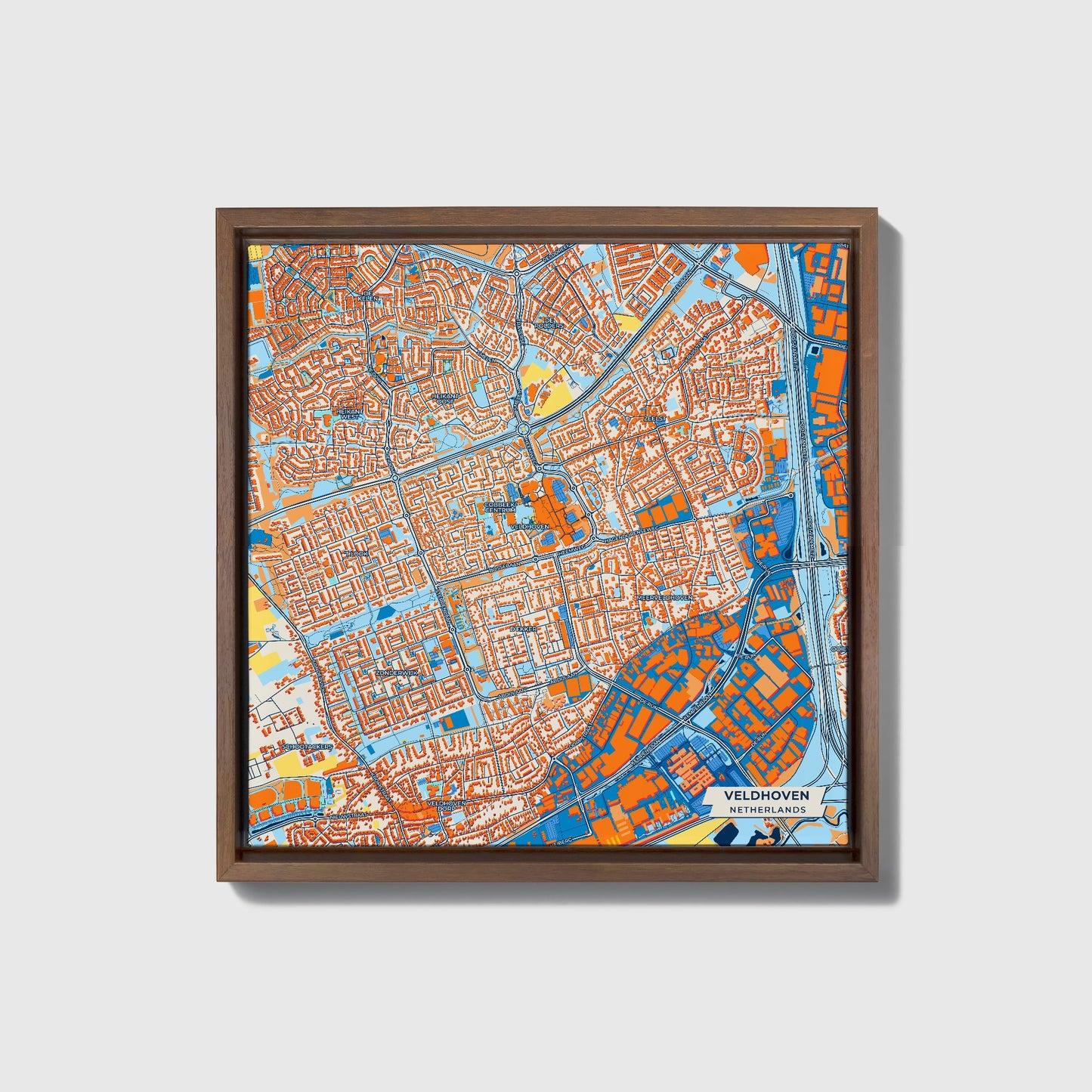 Veldhoven Netherlands Colorful City Map Canvas Print • Dark Wooden Framed