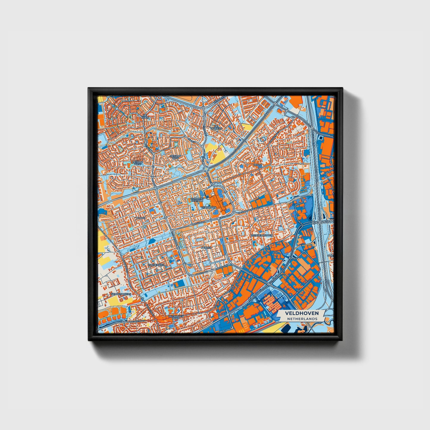 Veldhoven Netherlands Colorful City Map Canvas Print • Black Framed
