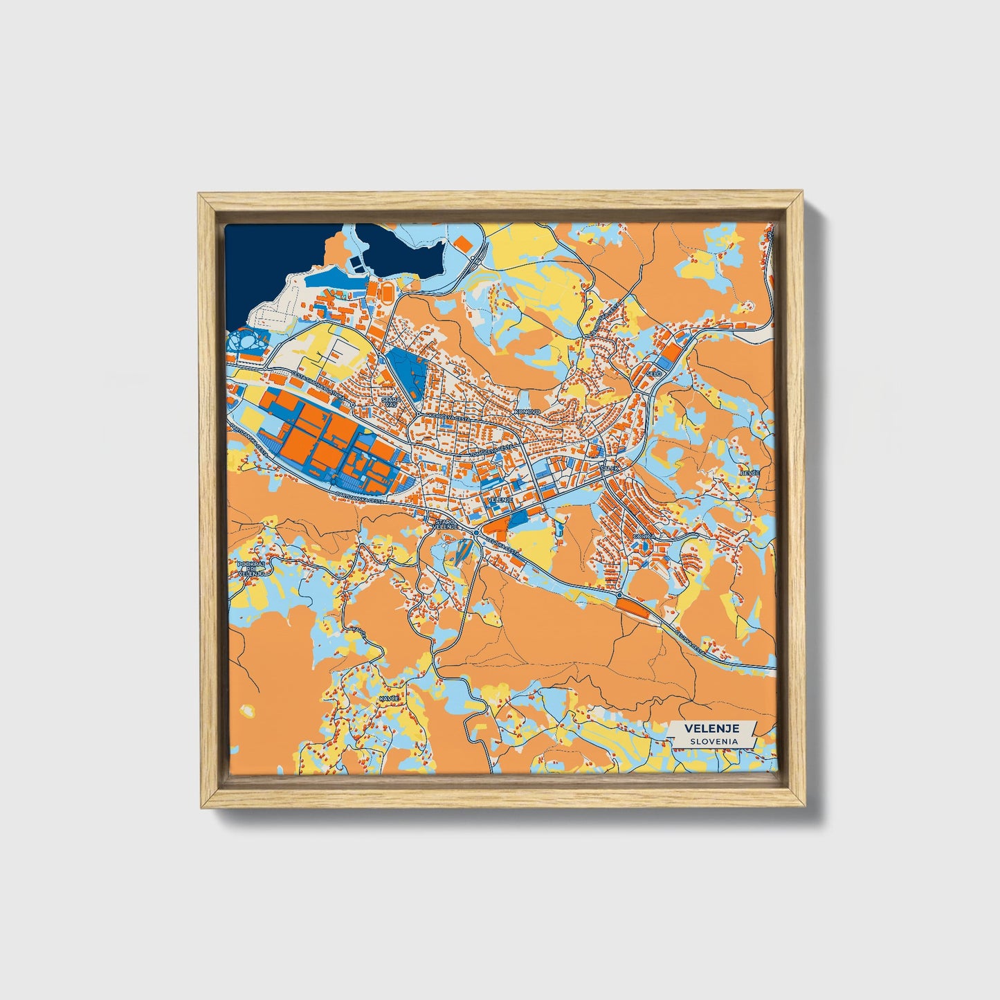 Velenje Slovenia Colorful City Map Canvas Print • Natural Wooden Framed