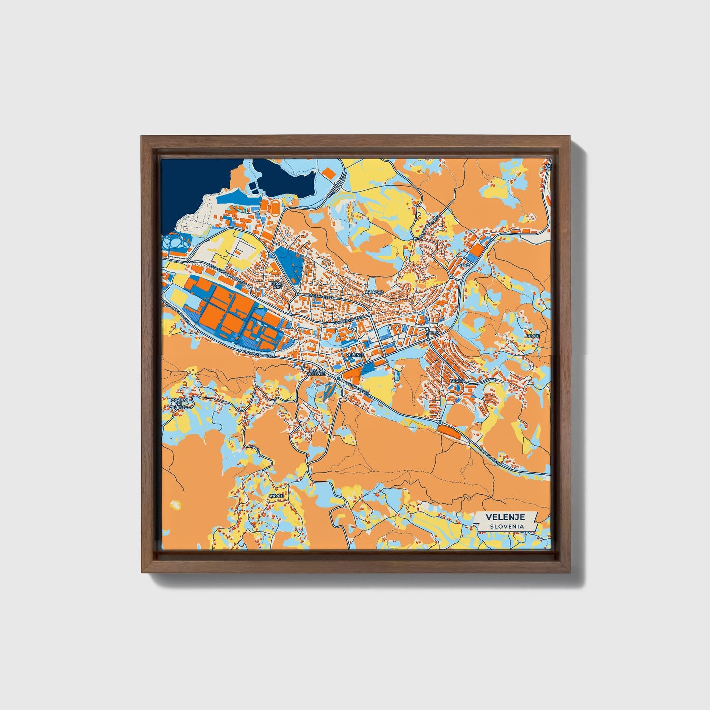 Velenje Slovenia Colorful City Map Canvas Print • Dark Wooden Framed