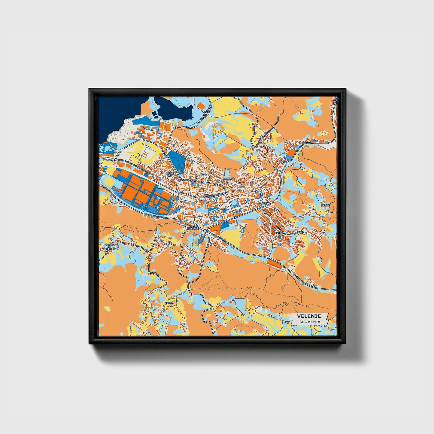 Velenje Slovenia Colorful City Map Canvas Print • Black Framed