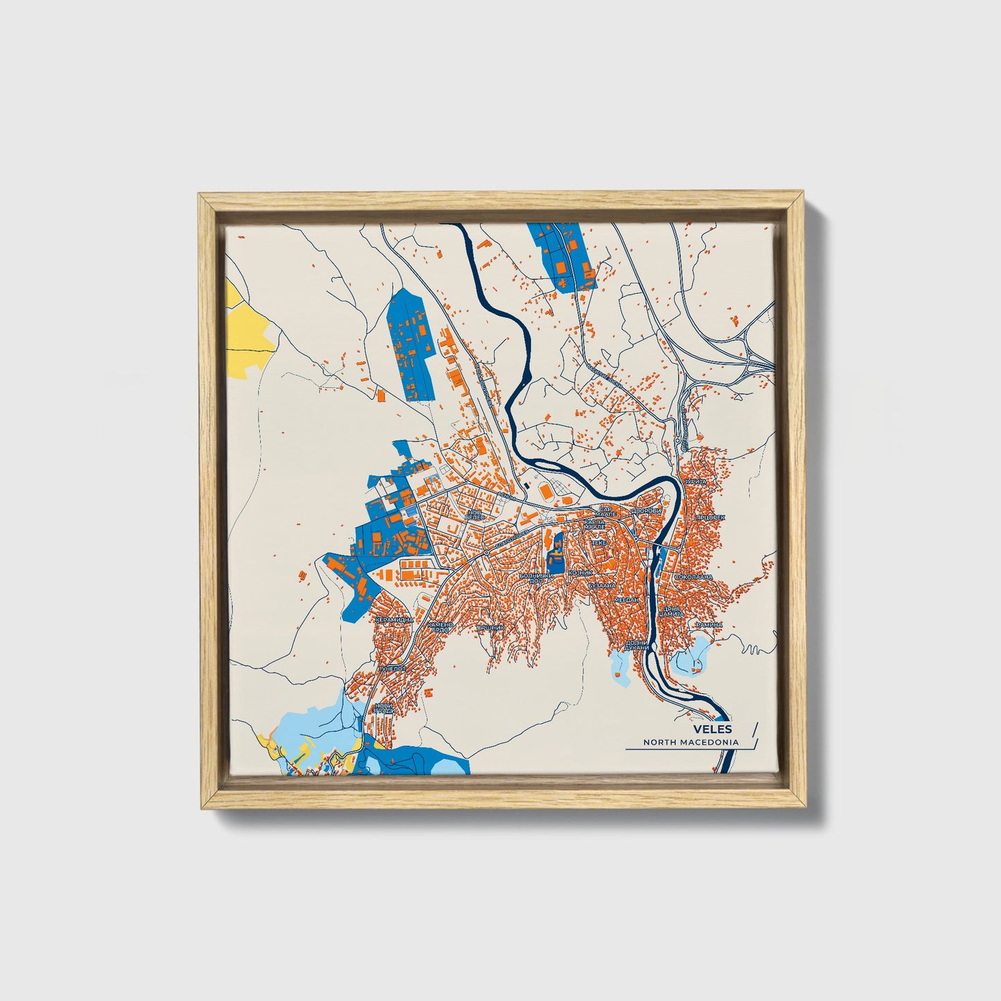 Veles North Macedonia Colorful City Map Canvas Print • Natural Wooden Framed