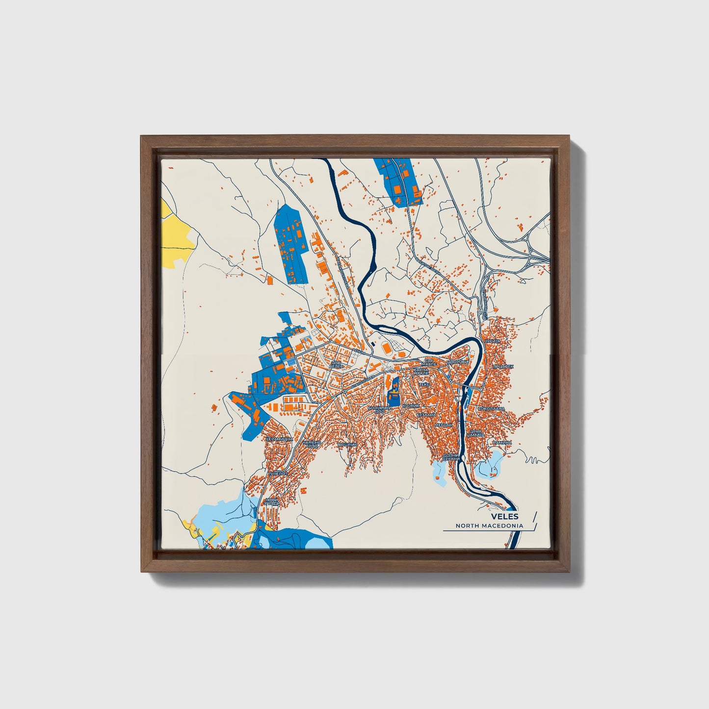 Veles North Macedonia Colorful City Map Canvas Print • Dark Wooden Framed