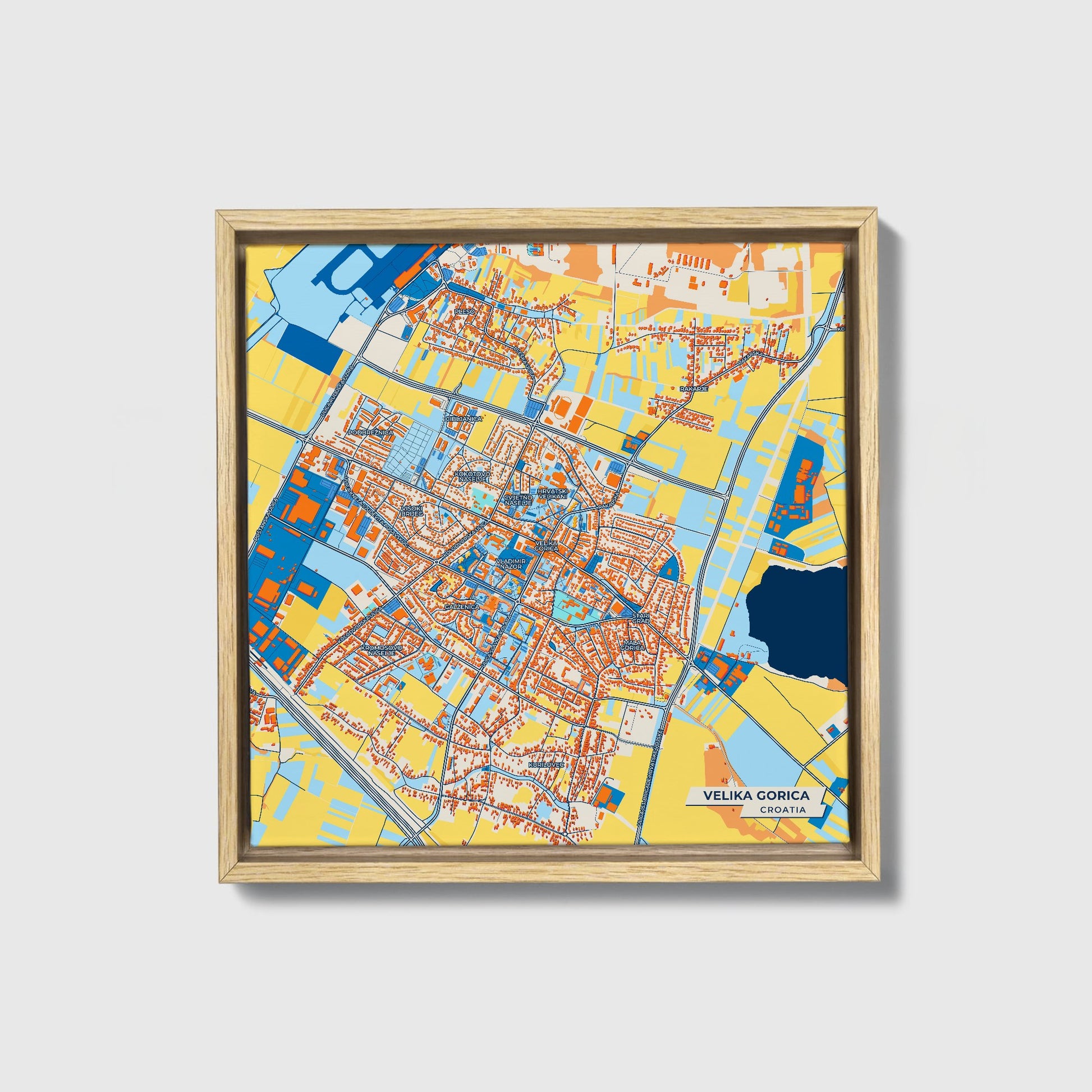 Velika Gorica Croatia Colorful City Map Canvas Print • Natural Wooden Framed
