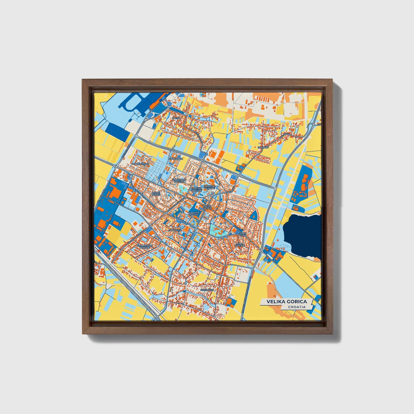 Velika Gorica Croatia Colorful City Map Canvas Print • Dark Wooden Framed