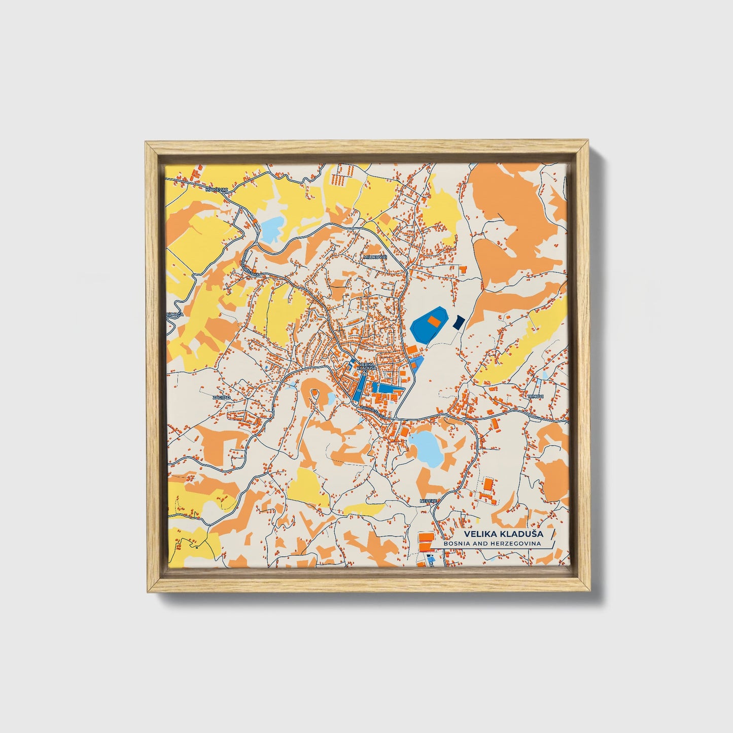 Velika Kladuša Bosnia And Herzegovina Colorful City Map Canvas Print • Natural Wooden Framed