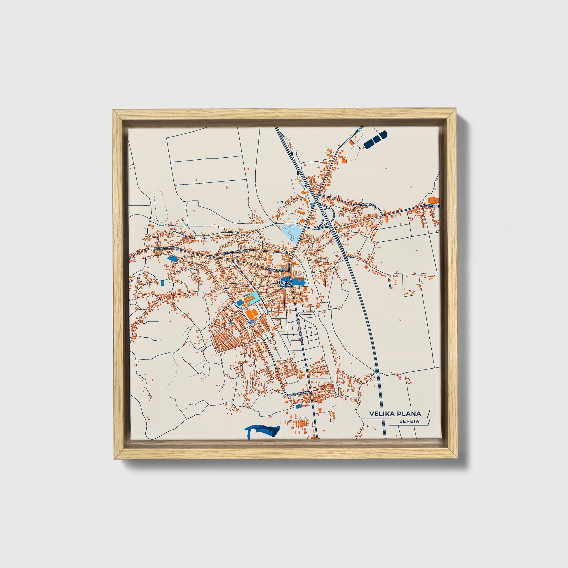 Велика Плана Serbia Colorful City Map Canvas Print • Natural Wooden Framed