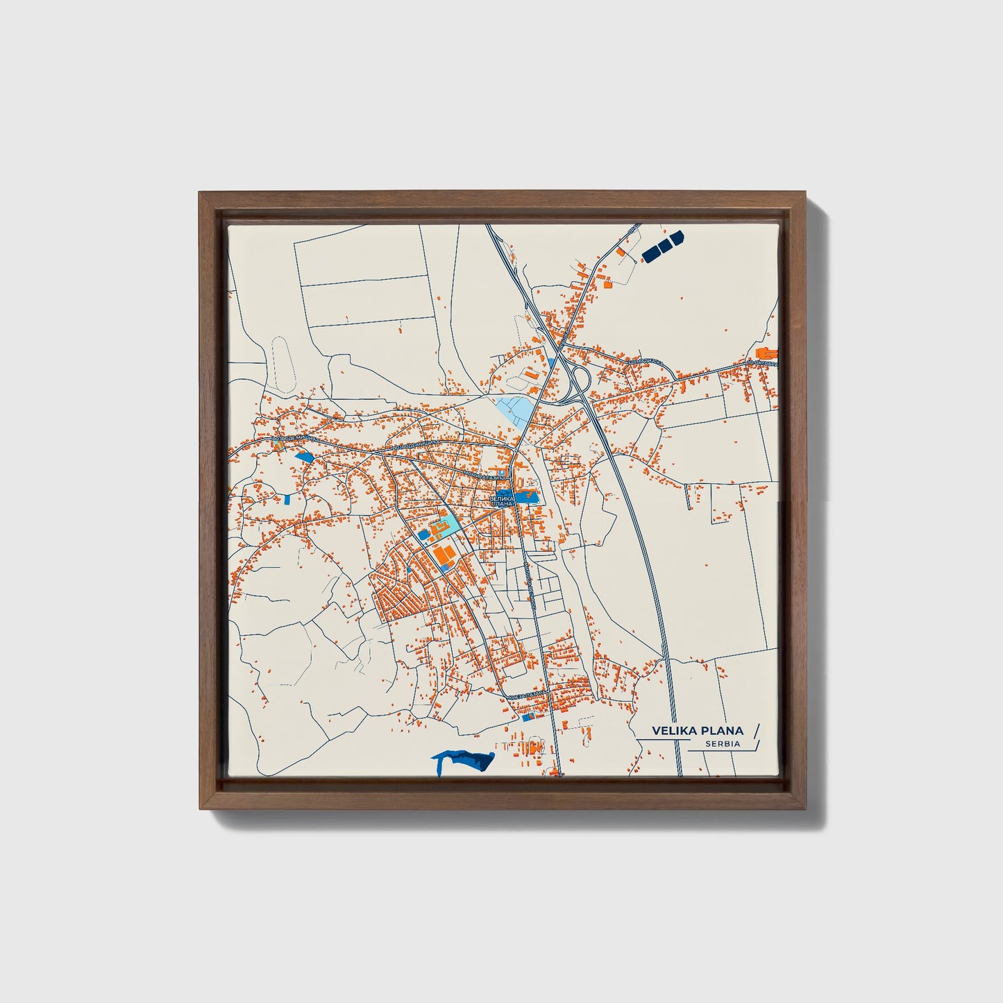 Велика Плана Serbia Colorful City Map Canvas Print • Dark Wooden Framed