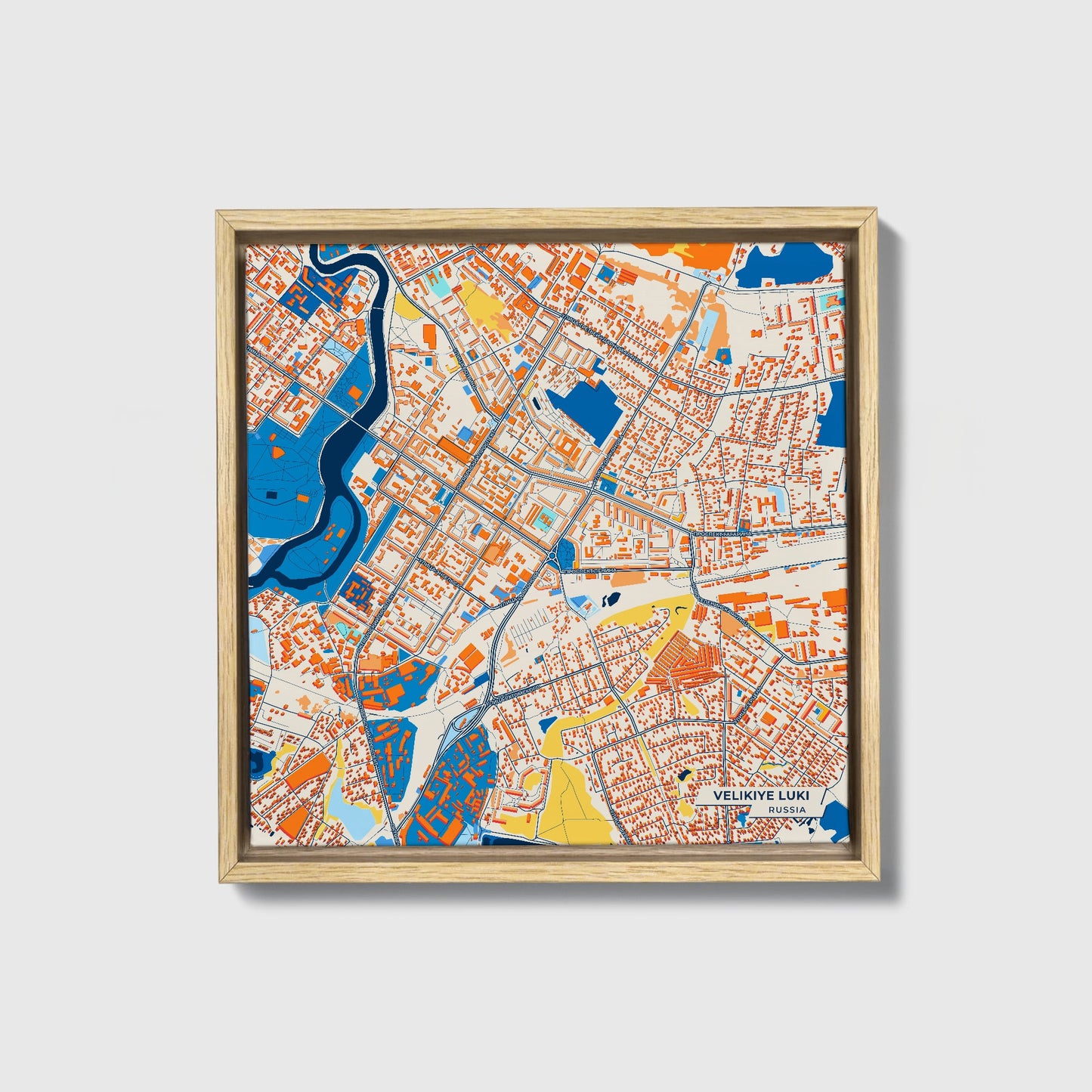 Великие Луки Russia Colorful City Map Canvas Print • Natural Wooden Framed