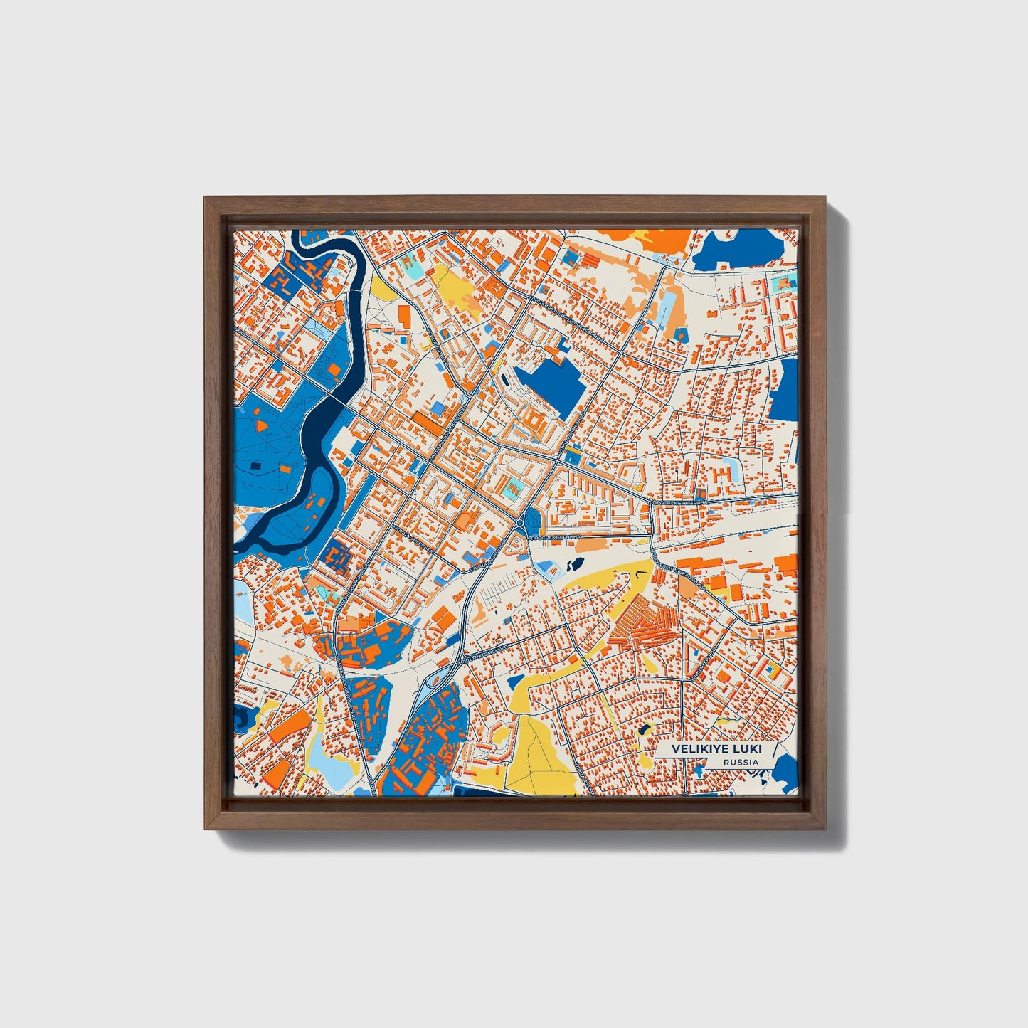 Великие Луки Russia Colorful City Map Canvas Print • Dark Wooden Framed