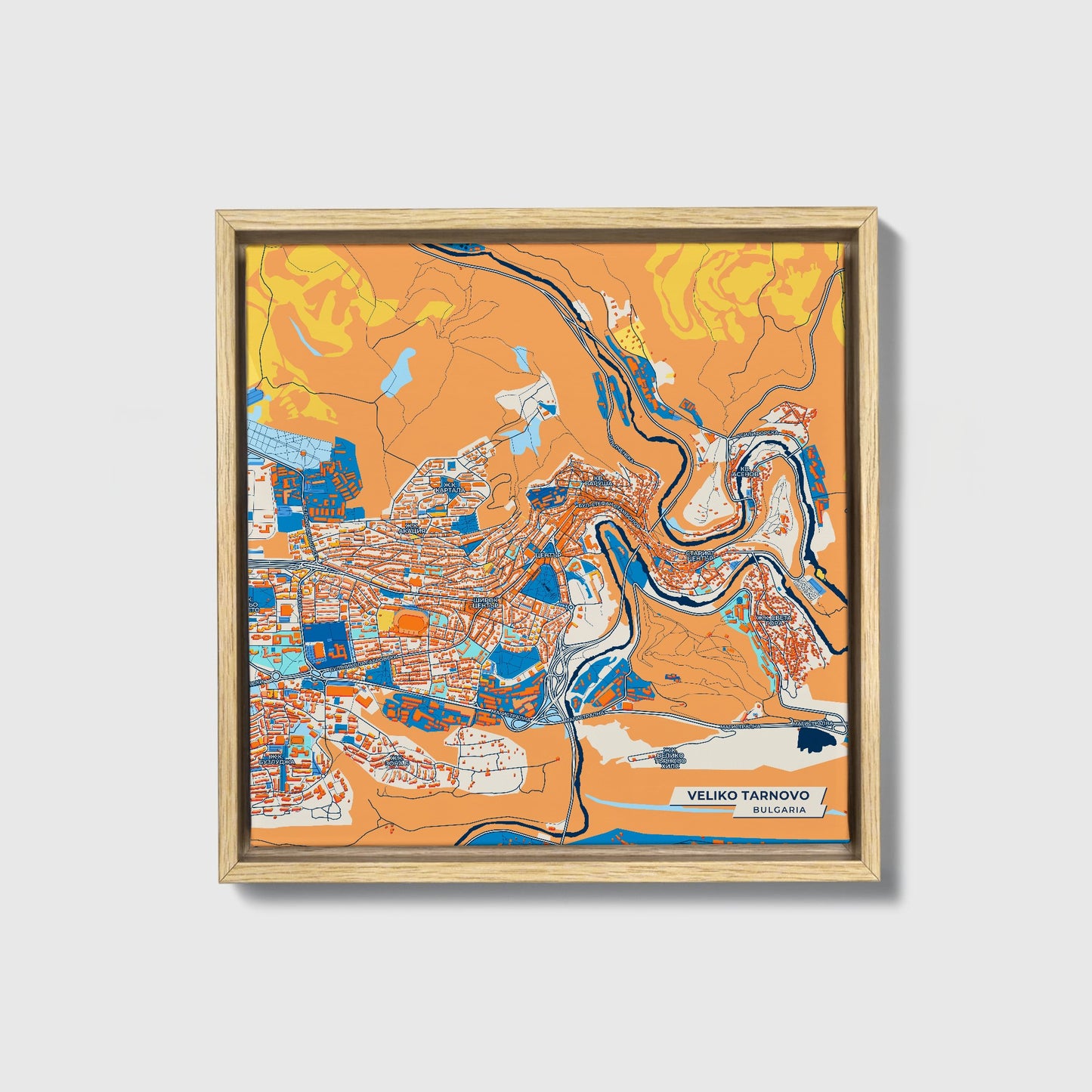 Велико Търново Bulgaria Colorful City Map Canvas Print • Natural Wooden Framed