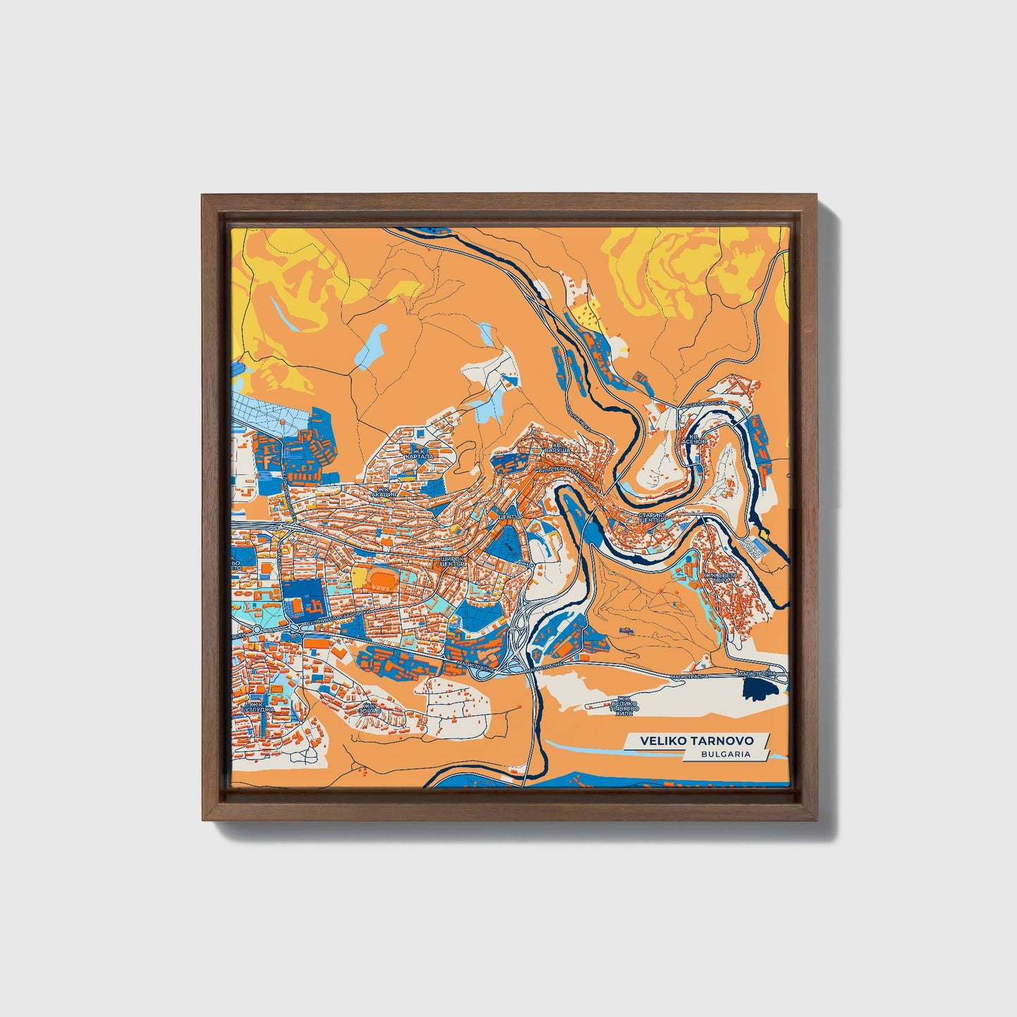 Велико Търново Bulgaria Colorful City Map Canvas Print • Dark Wooden Framed