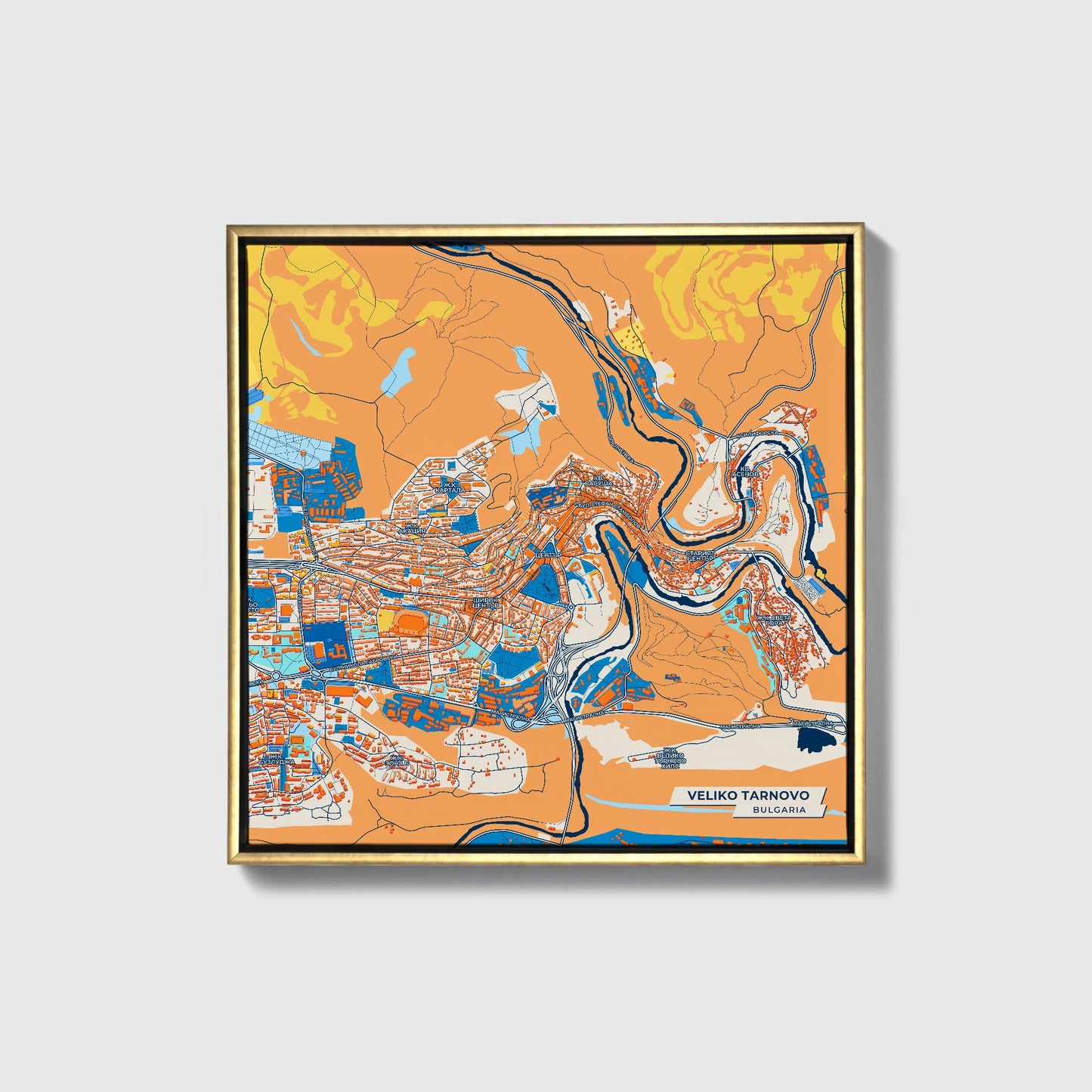 Велико Търново Bulgaria Colorful City Map Canvas Print • Gold Framed