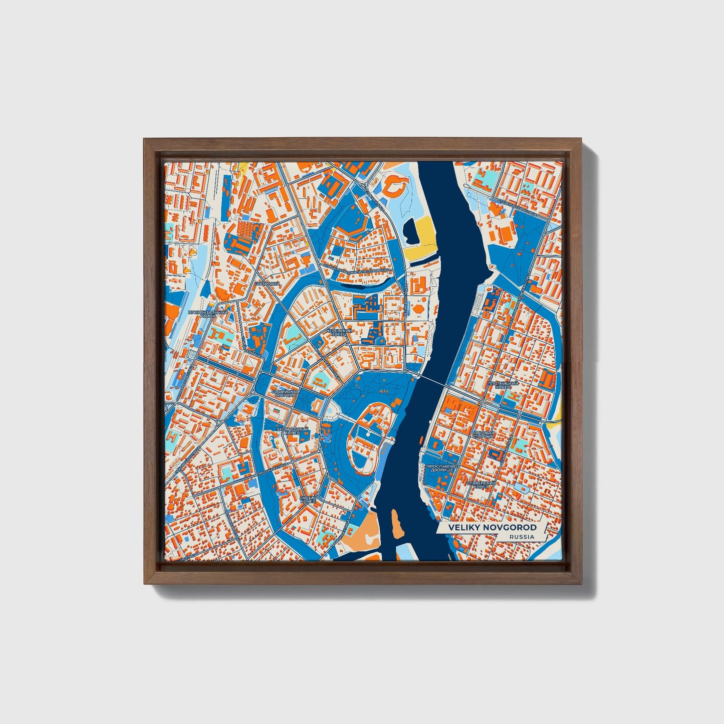 Великий Новгород Russia Colorful City Map Canvas Print • Dark Wooden Framed