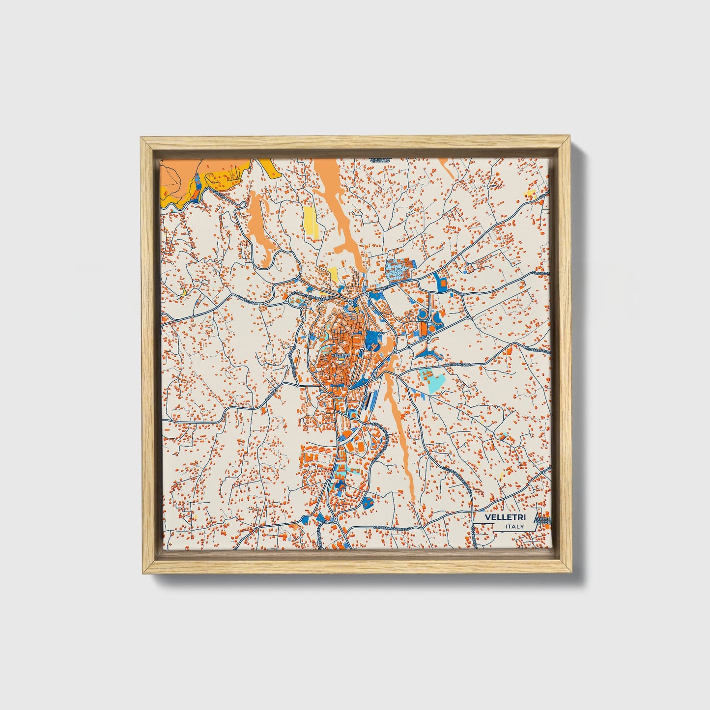 Velletri Italy Colorful City Map Canvas Print • Natural Wooden Framed