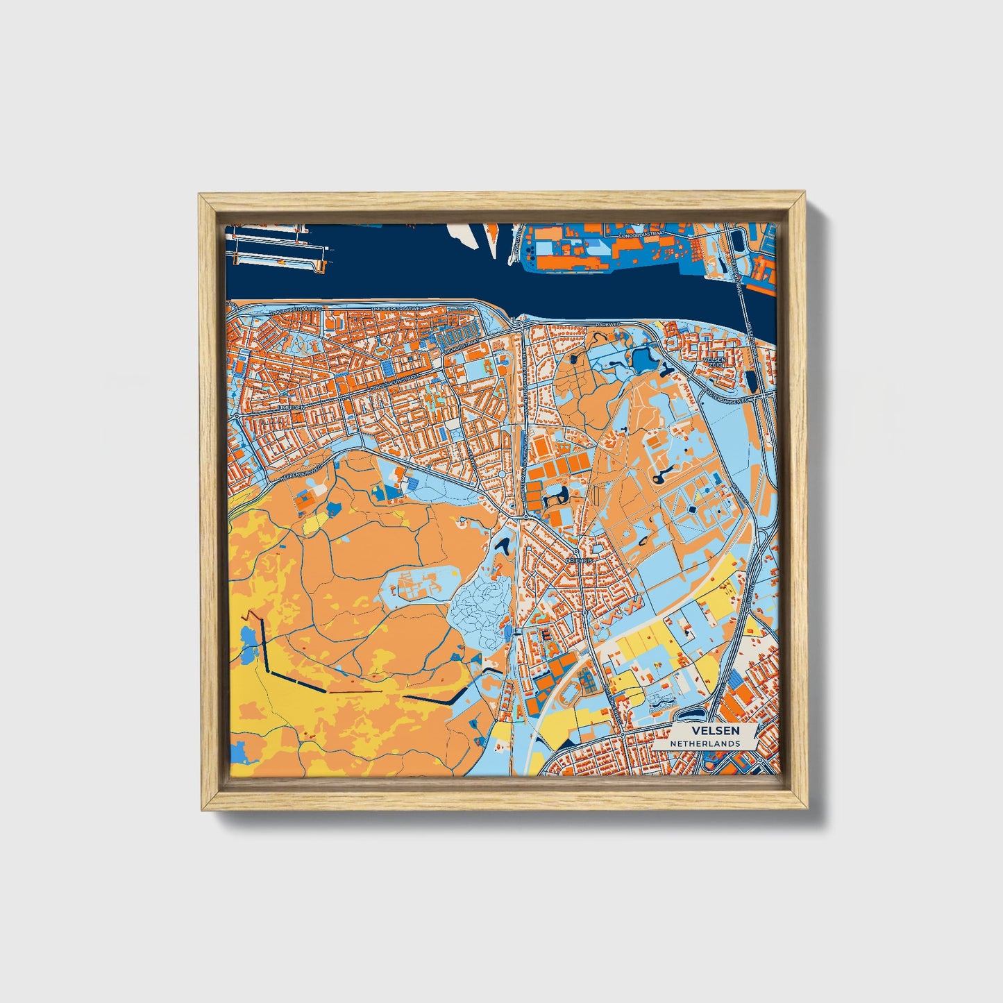 Velsen Netherlands Colorful City Map Canvas Print • Natural Wooden Framed