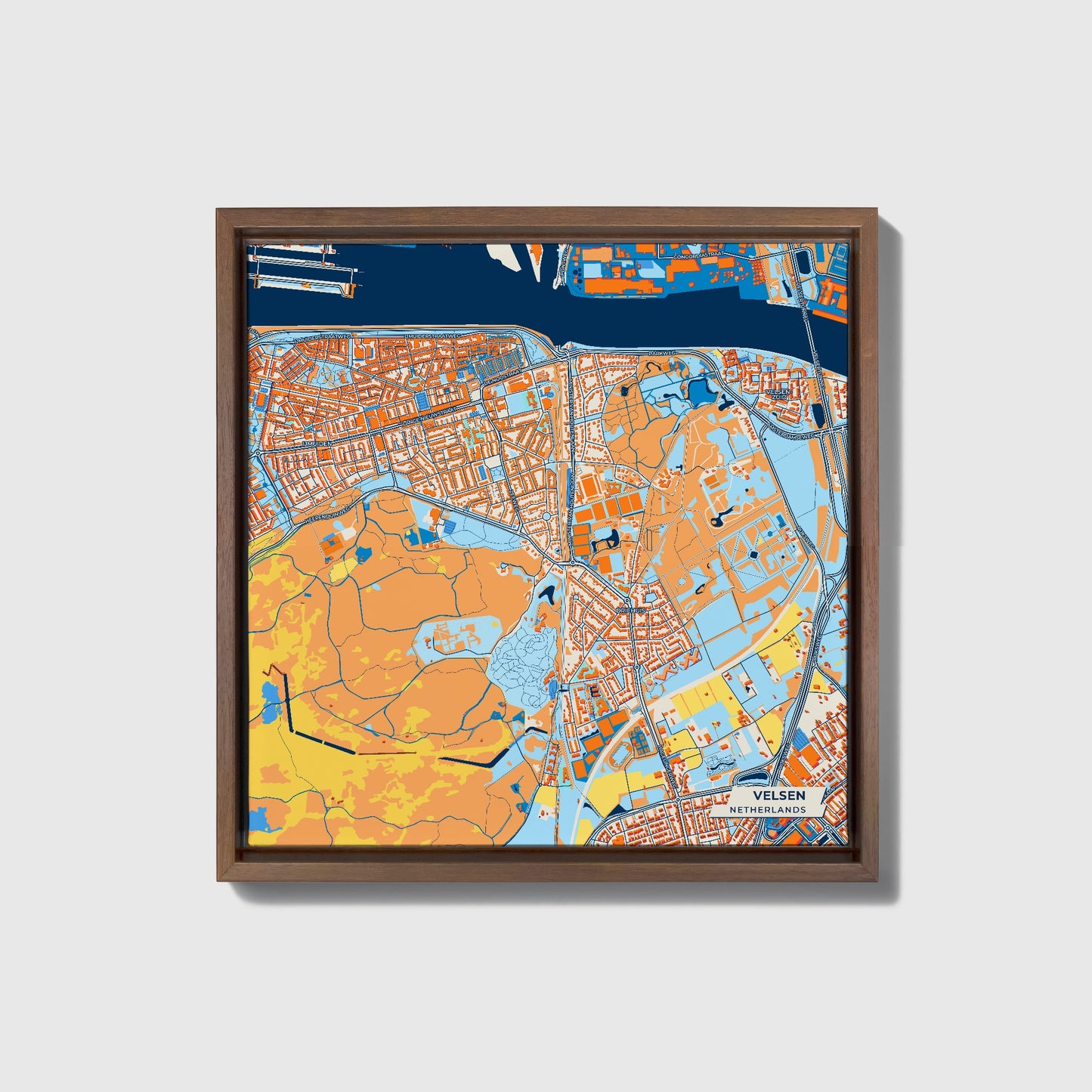 Velsen Netherlands Colorful City Map Canvas Print • Dark Wooden Framed