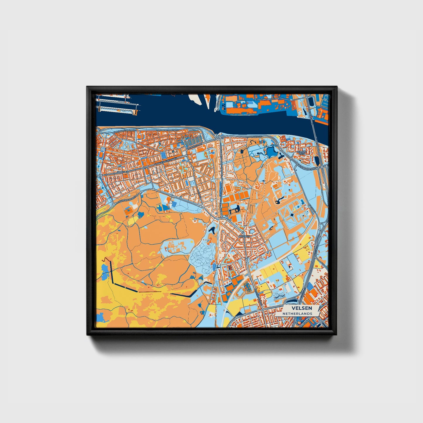 Velsen Netherlands Colorful City Map Canvas Print • Black Framed
