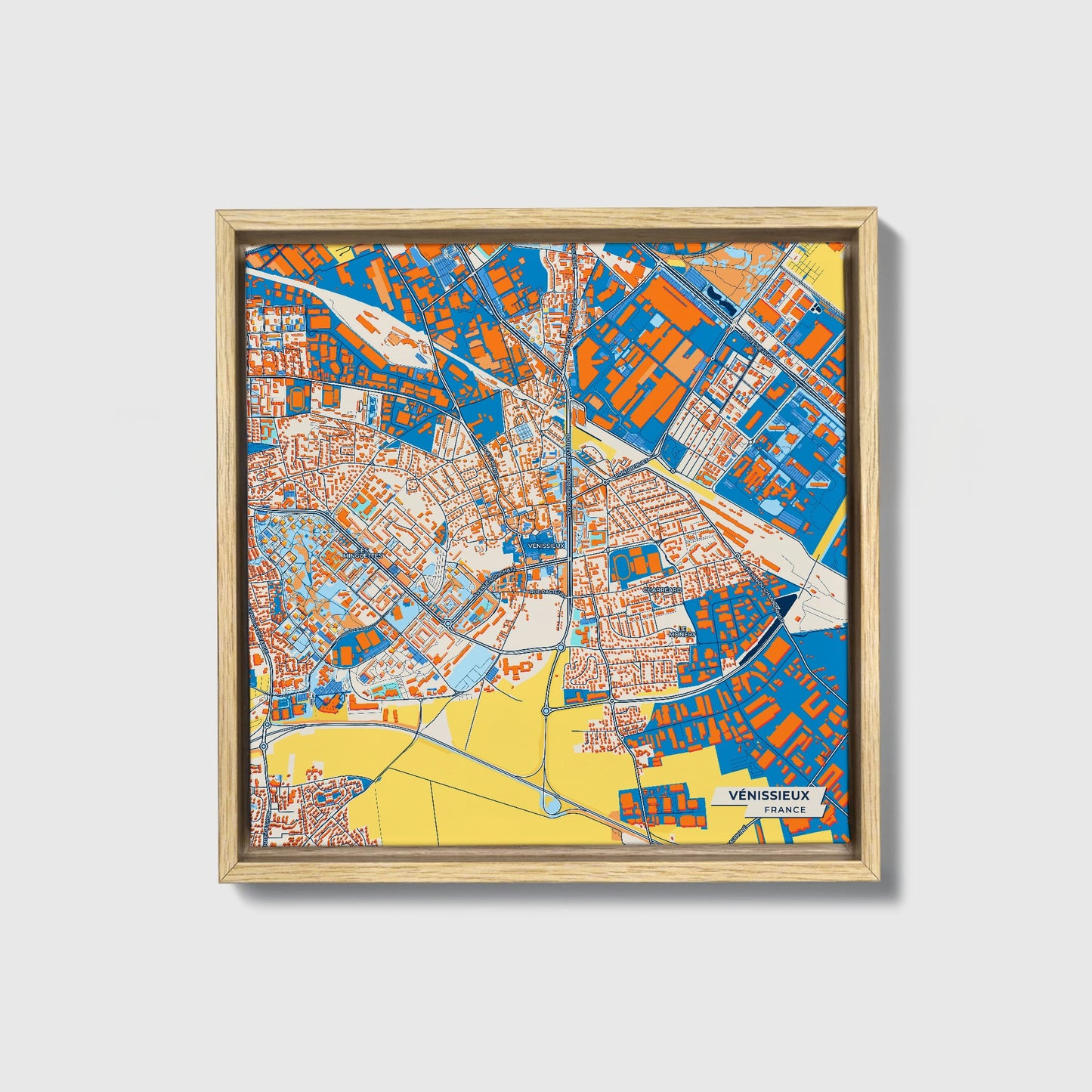 Vénissieux France Colorful City Map Canvas Print • Natural Wooden Framed