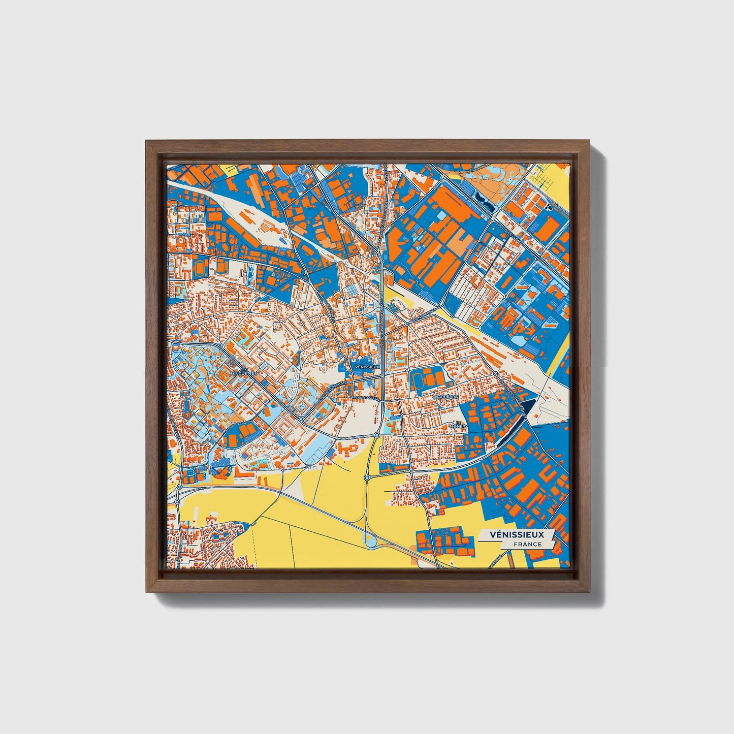 Vénissieux France Colorful City Map Canvas Print • Dark Wooden Framed