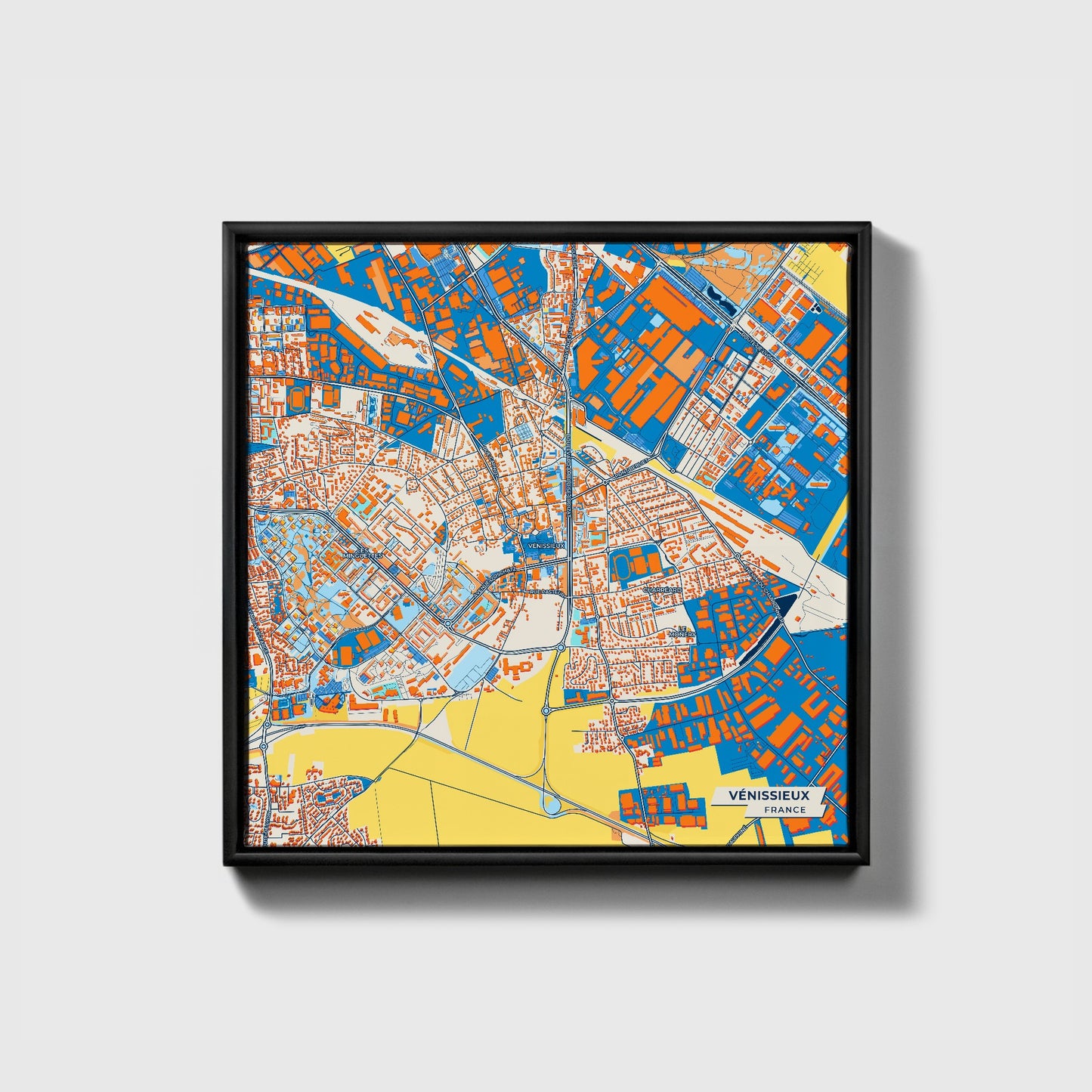 Vénissieux France Colorful City Map Canvas Print • Black Framed