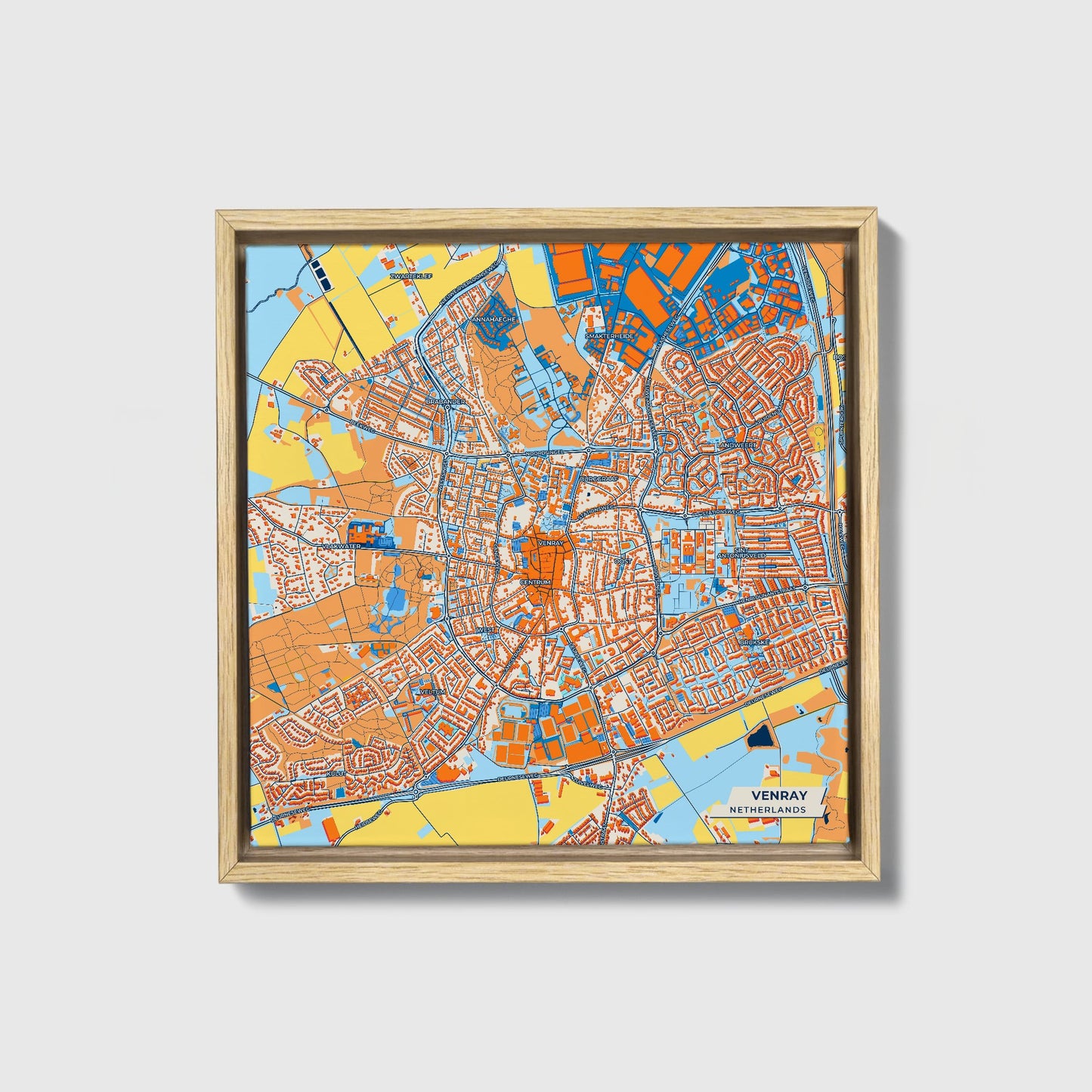 Venray Netherlands Colorful City Map Canvas Print • Natural Wooden Framed