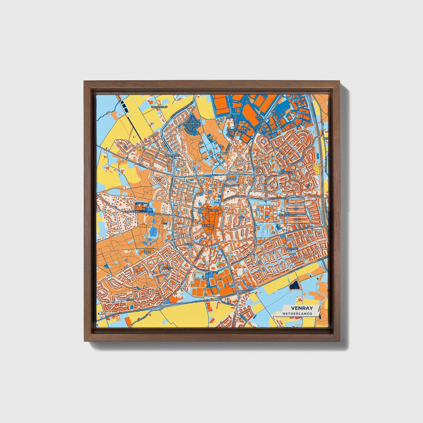 Venray Netherlands Colorful City Map Canvas Print • Dark Wooden Framed